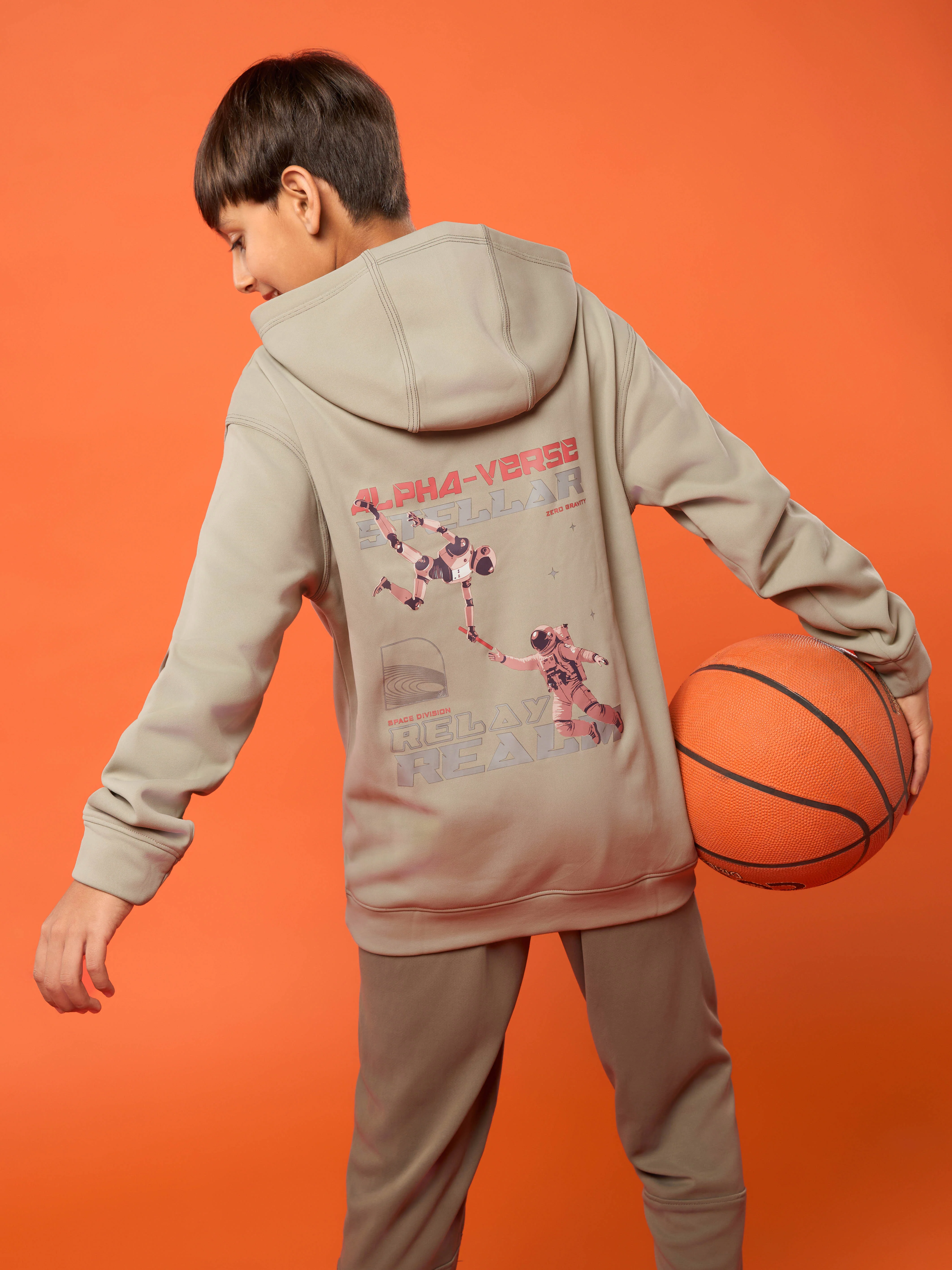 Boys Back Printed Slim Fit Hooded Sports Sweatshirt with TECHNO WARM+