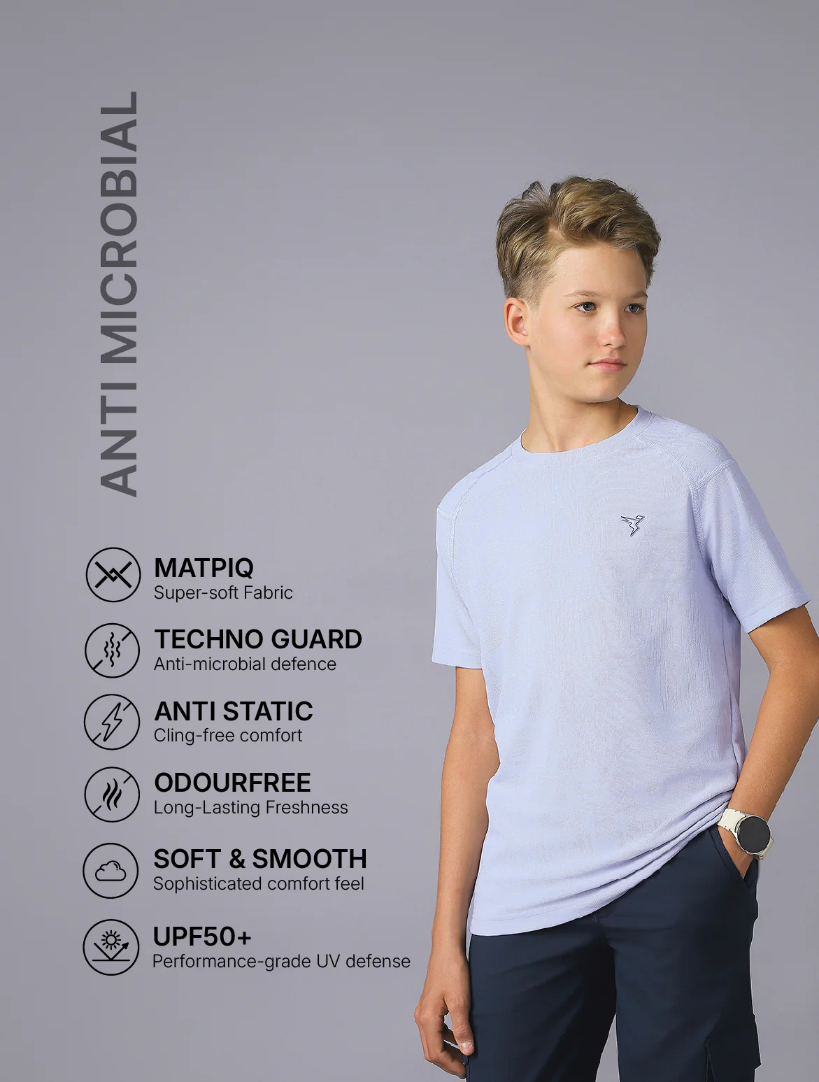 Boys Solid Slim Fit Crew Neck Sports T-shirt with MATPIQ - Image 4