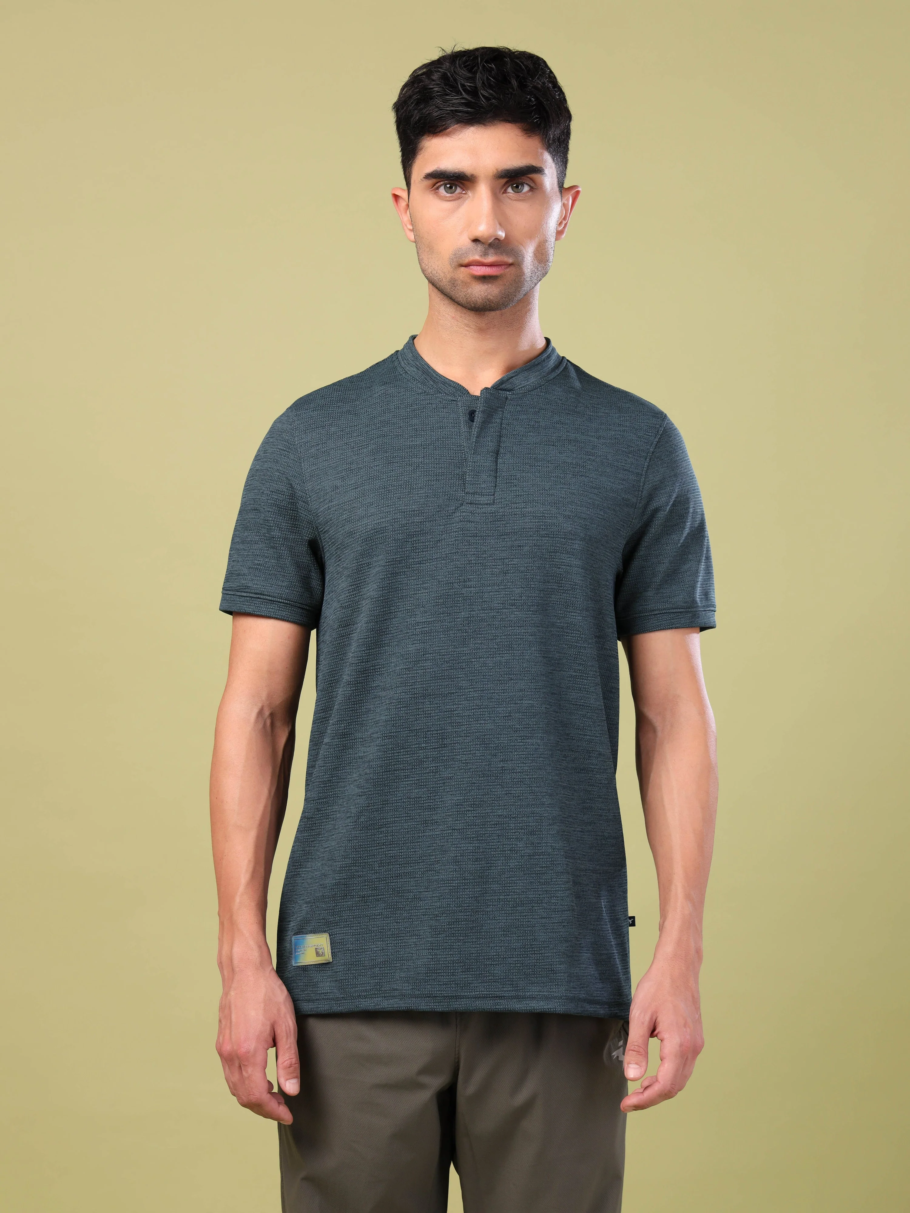 Men Cubic Melange Slim Fit Henley Neck Sports T-shirt with DOUBLE COOL - Image 2