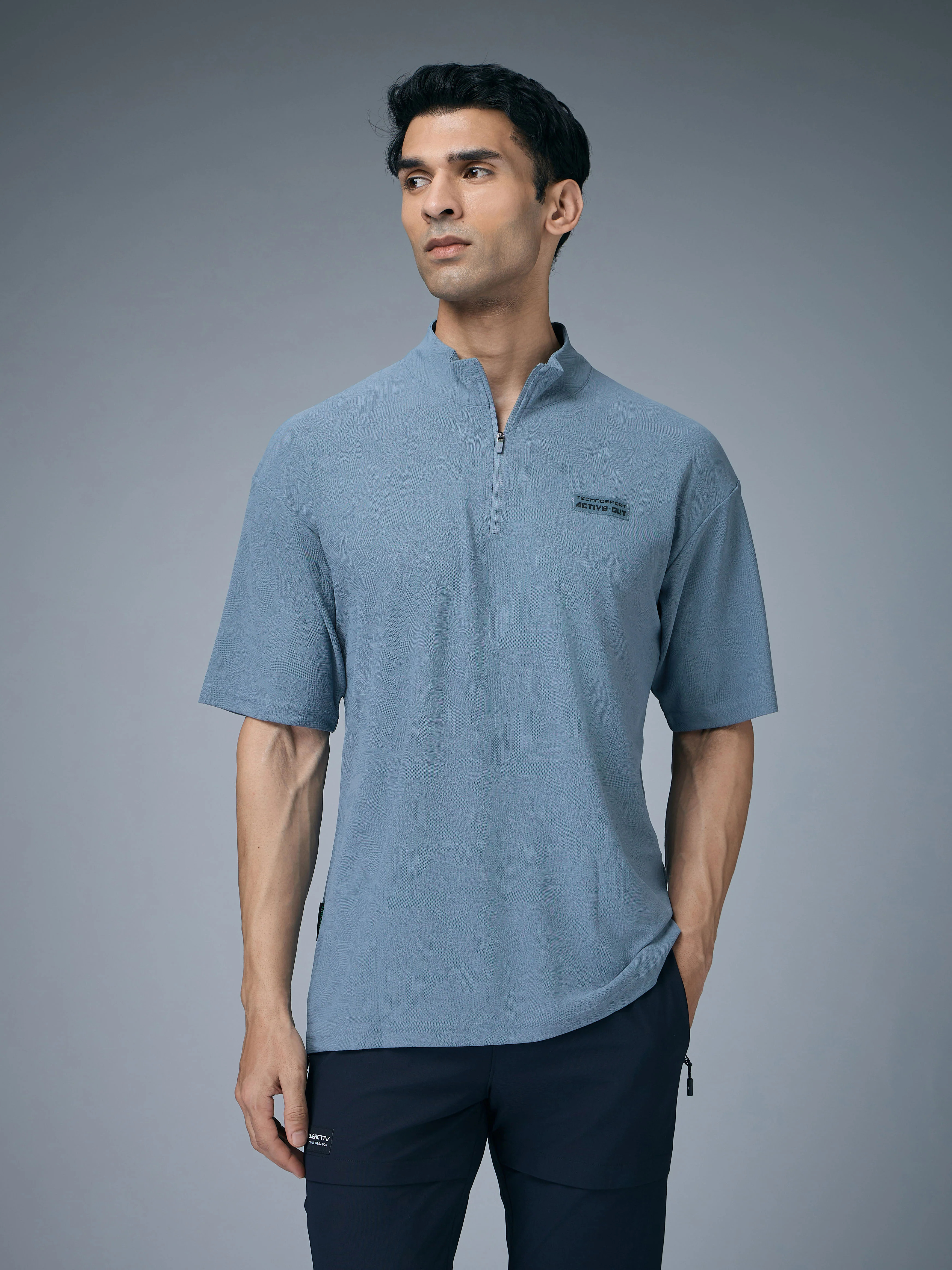 Men Mock Neck Self Design Oversized Active Out T-shirt with MATPIQ