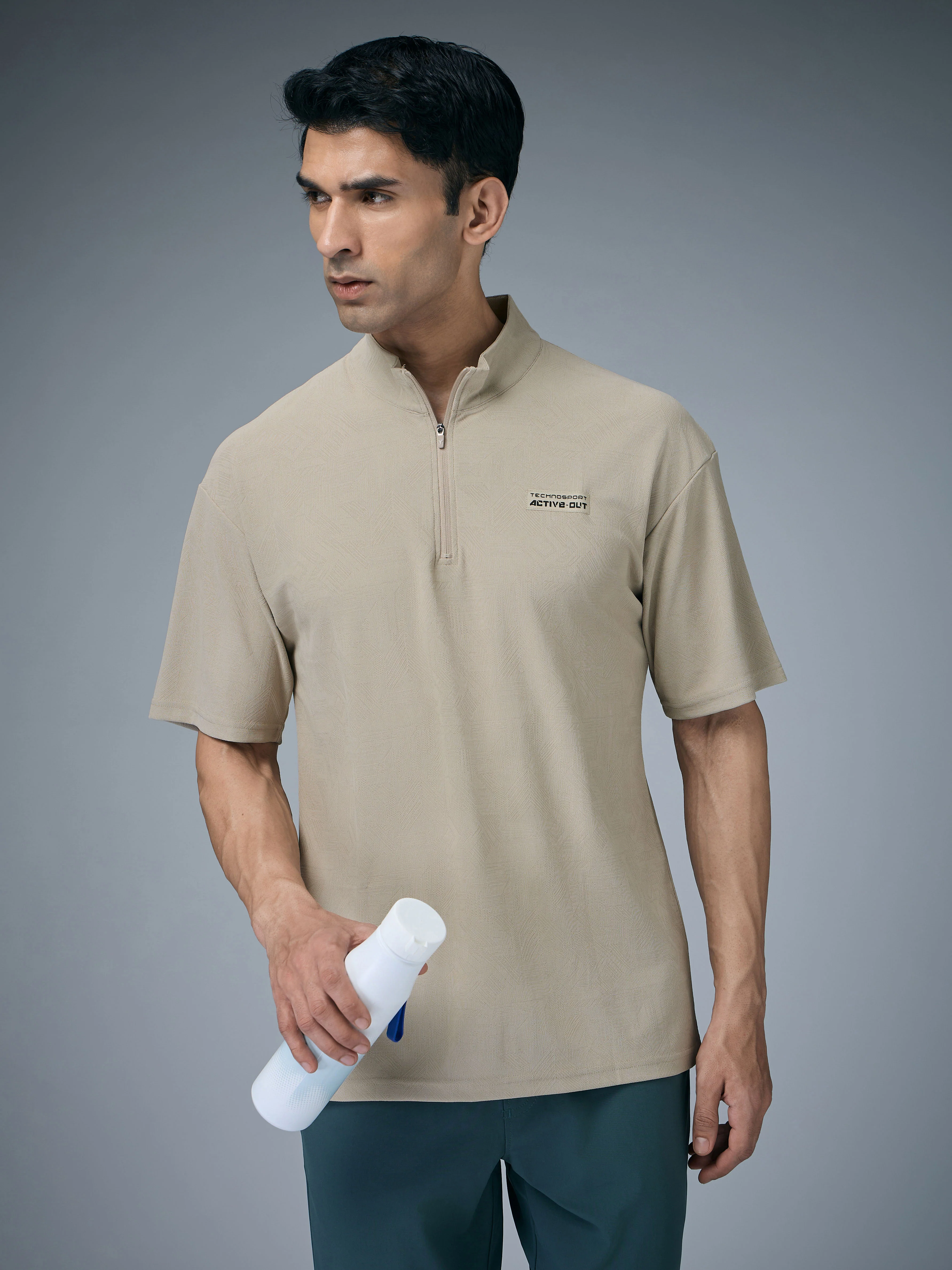 Men Mock Neck Self Design Oversized Active Out T-shirt with MATPIQ