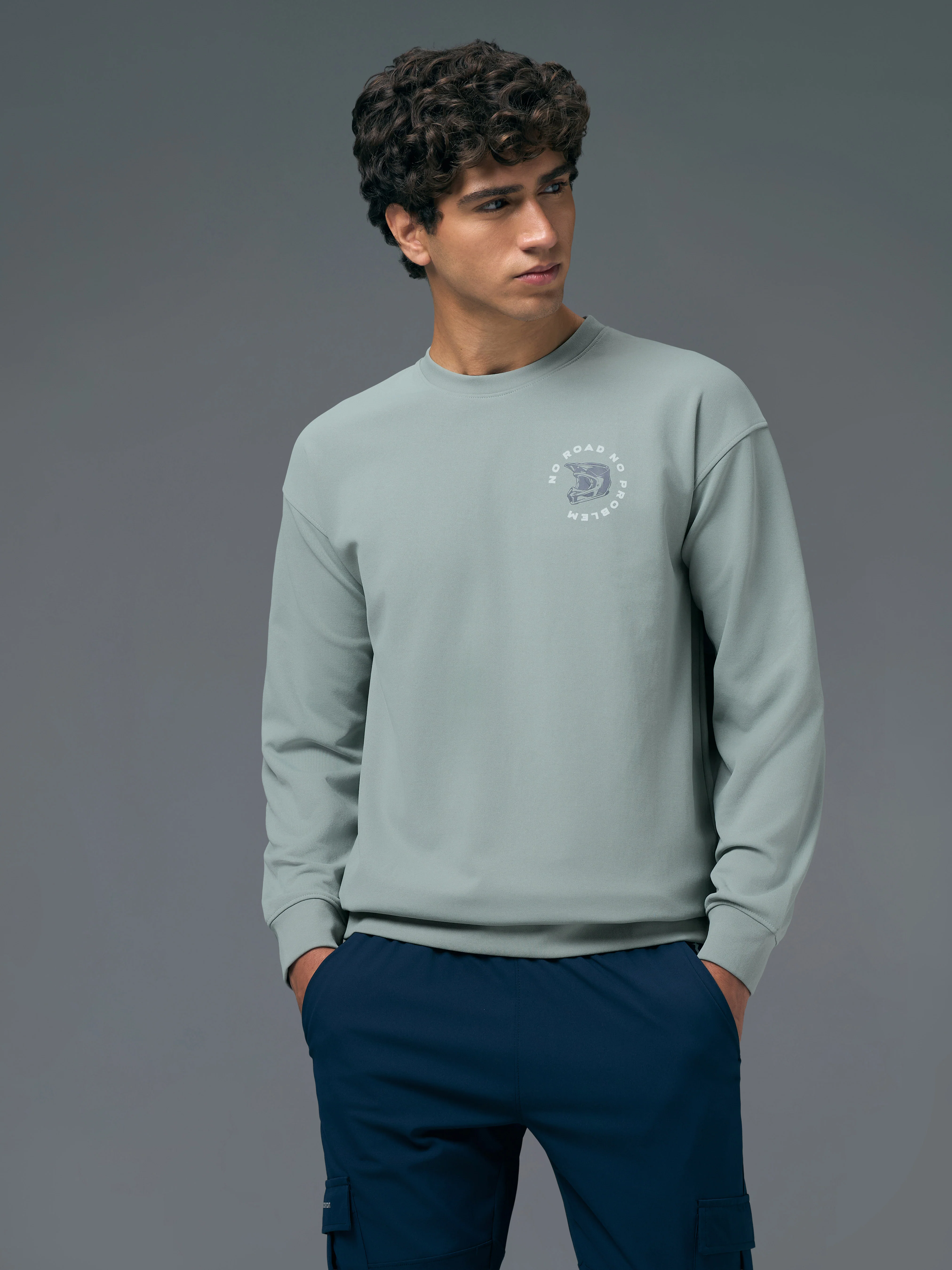 Men Printed Slim Fit Crew Neck Sweatshirt with ELASTO PLUS - Image 2