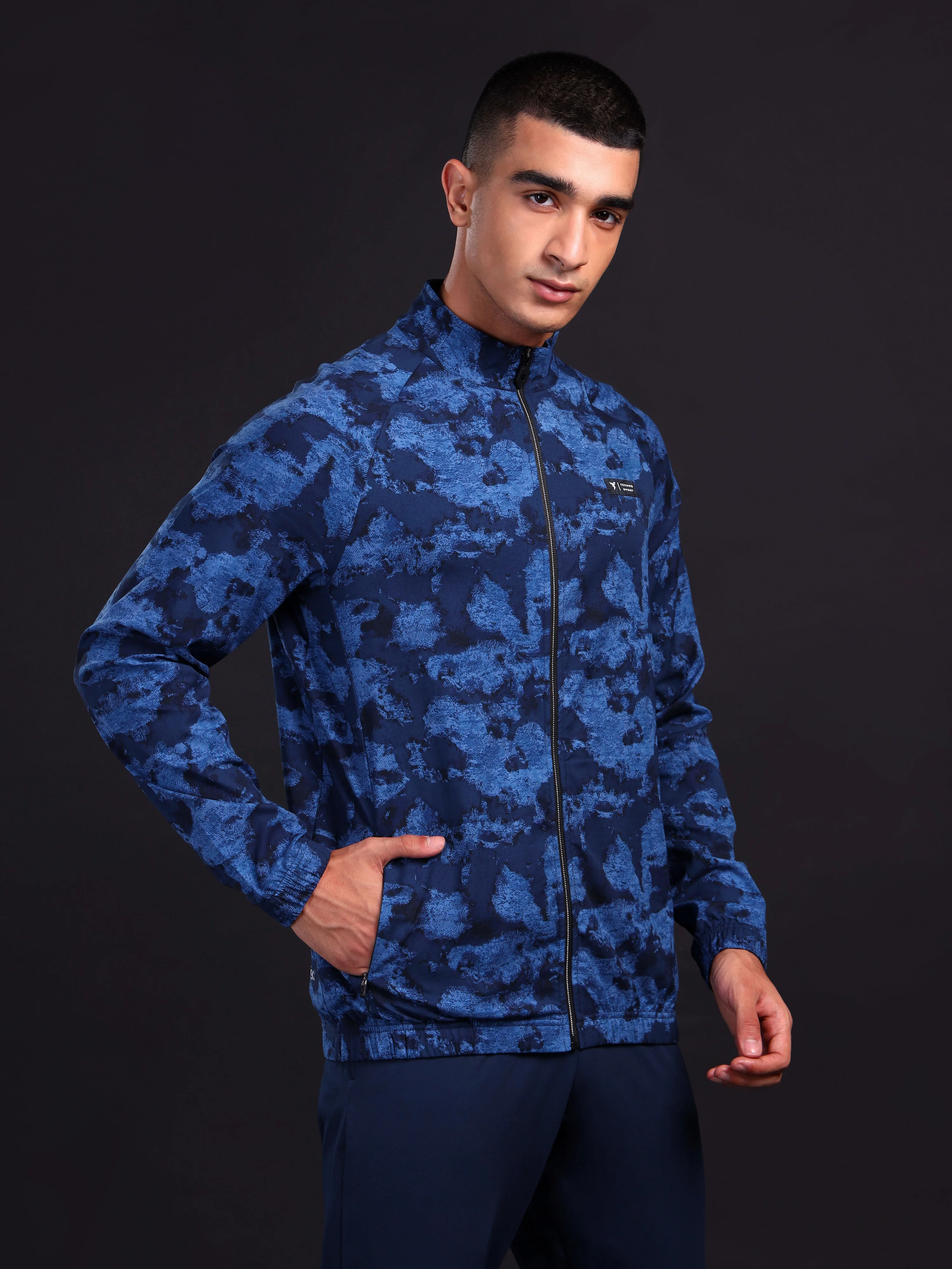 Men Printed Slim Fit Mock Neck Jacket with TS FLEXI - Image 2