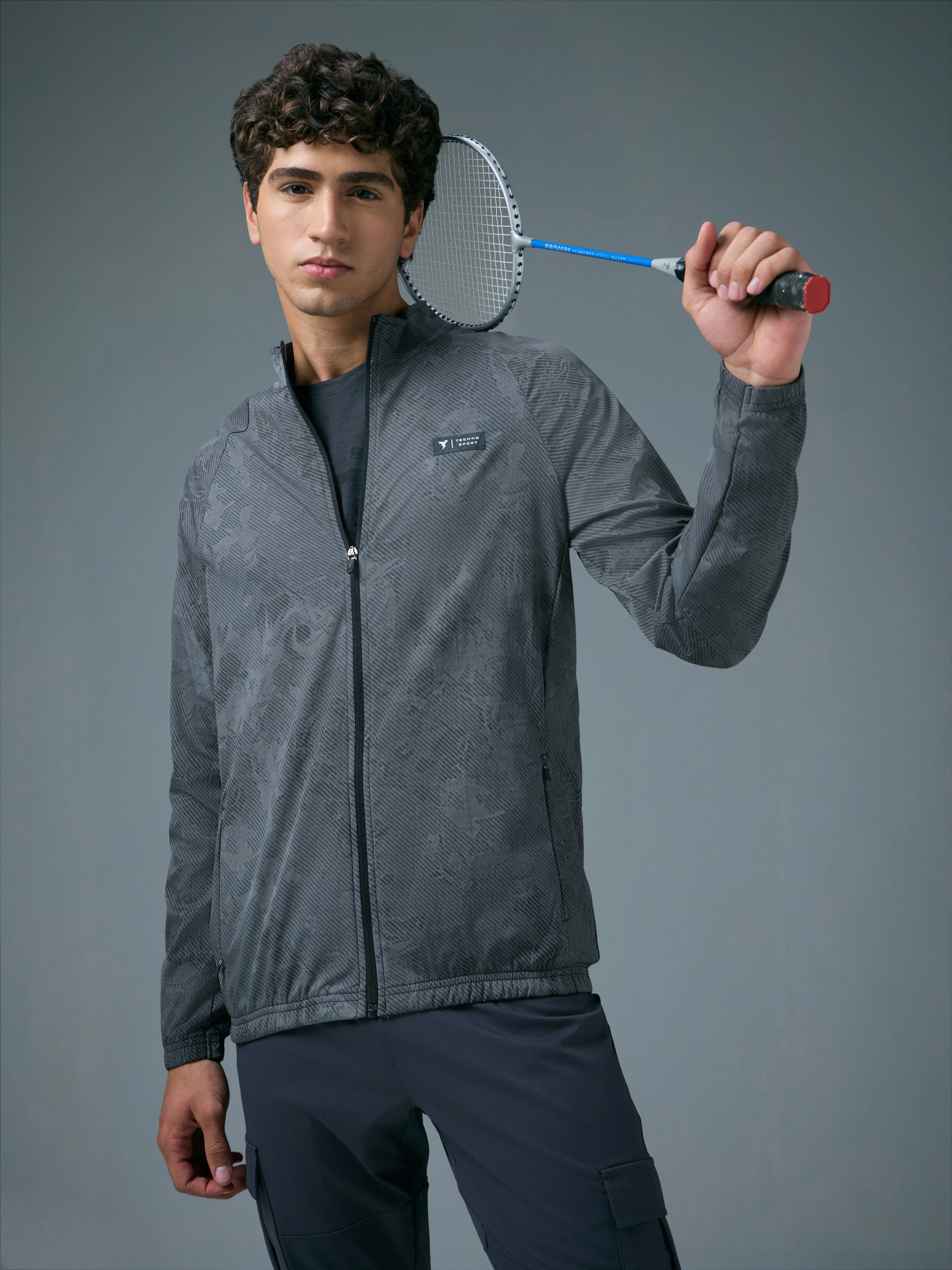 Men Printed Slim Fit Mock Neck Jacket with TS FLEXI
