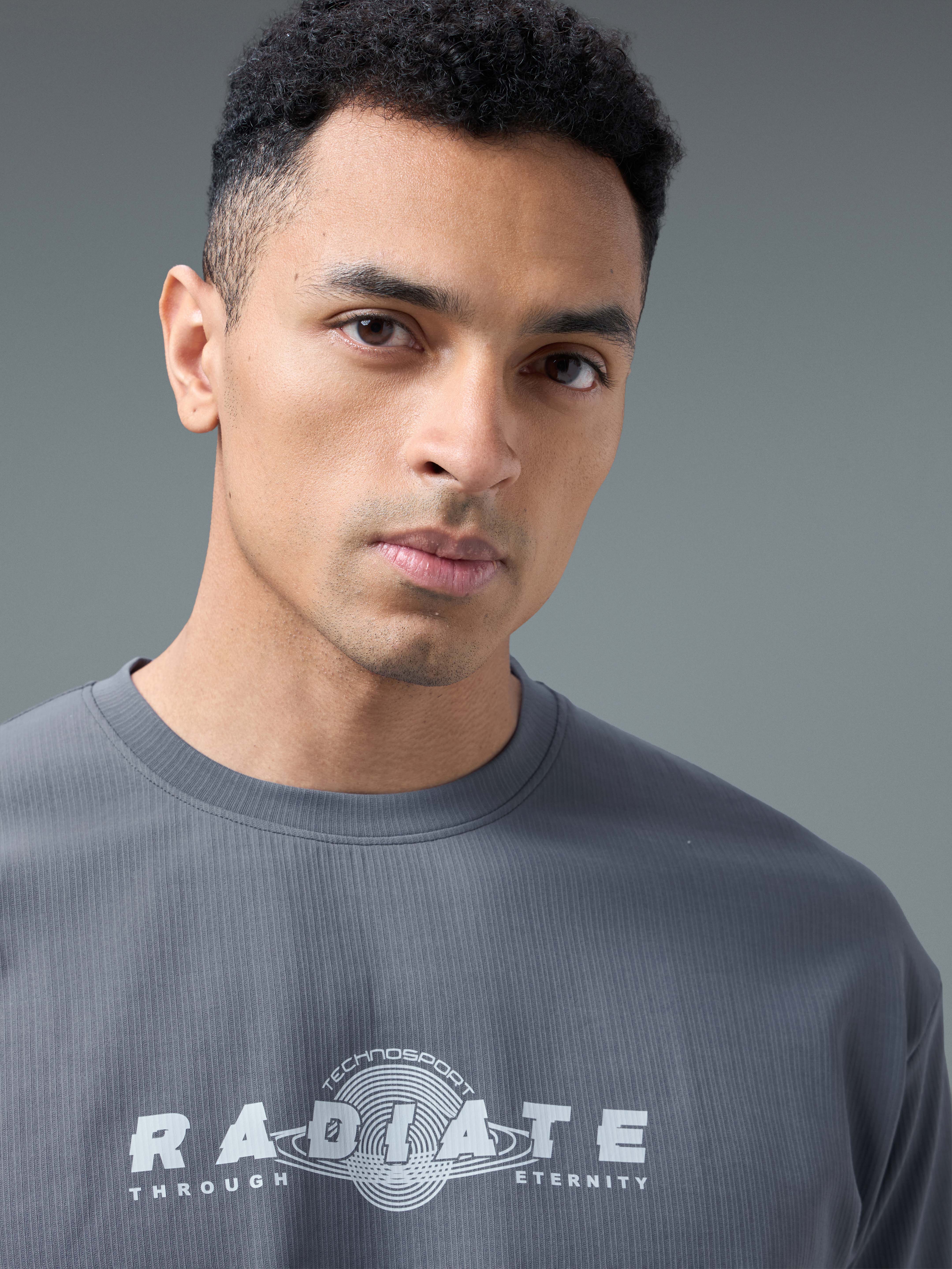 Men Round Neck Typography Printed Active Out Slim Fit T-Shirt with ELASTOPLUS - Image 5