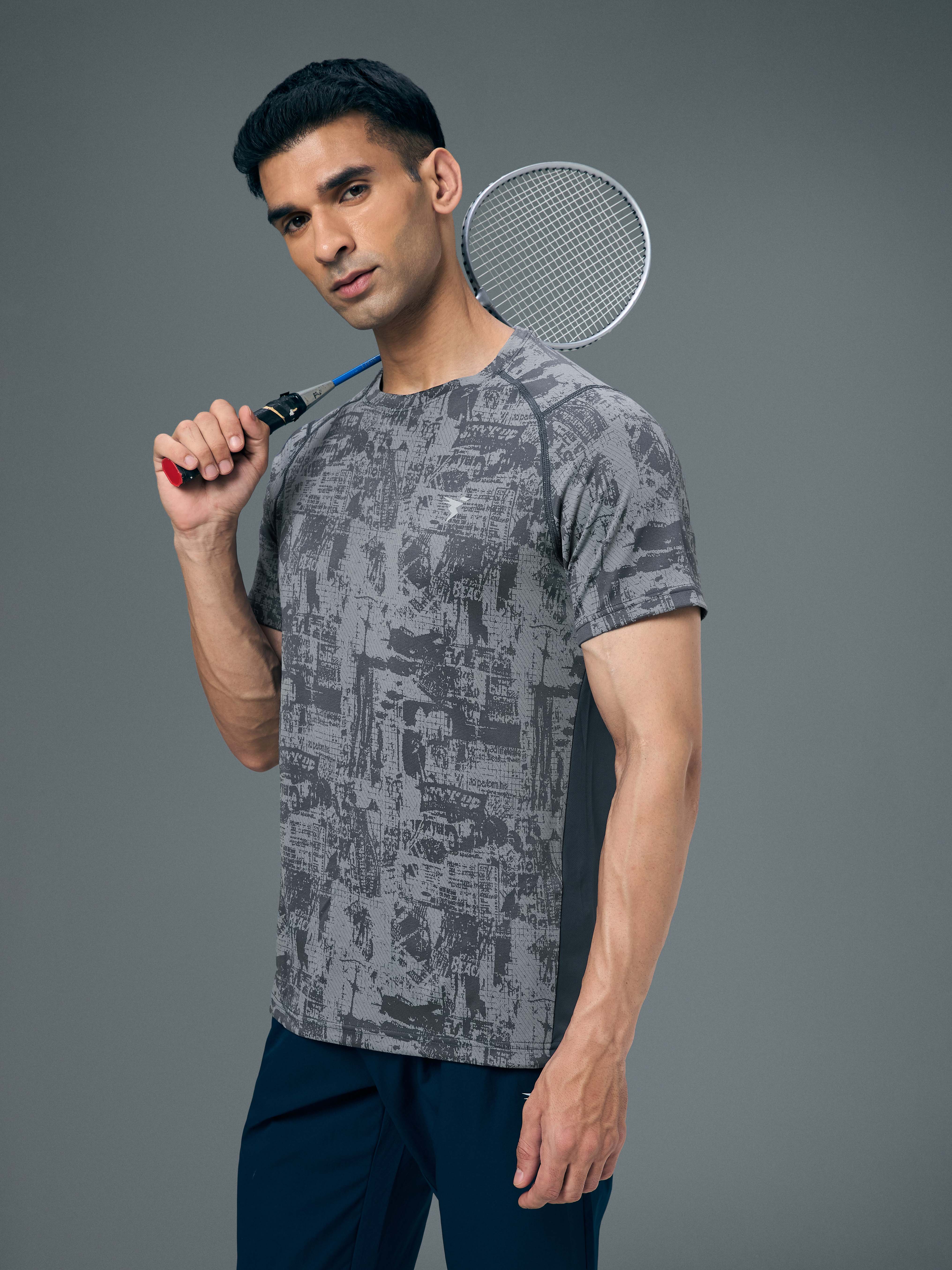 Men Self Design Slim Fit Crew Neck T-shirt with DOUBLE COOL