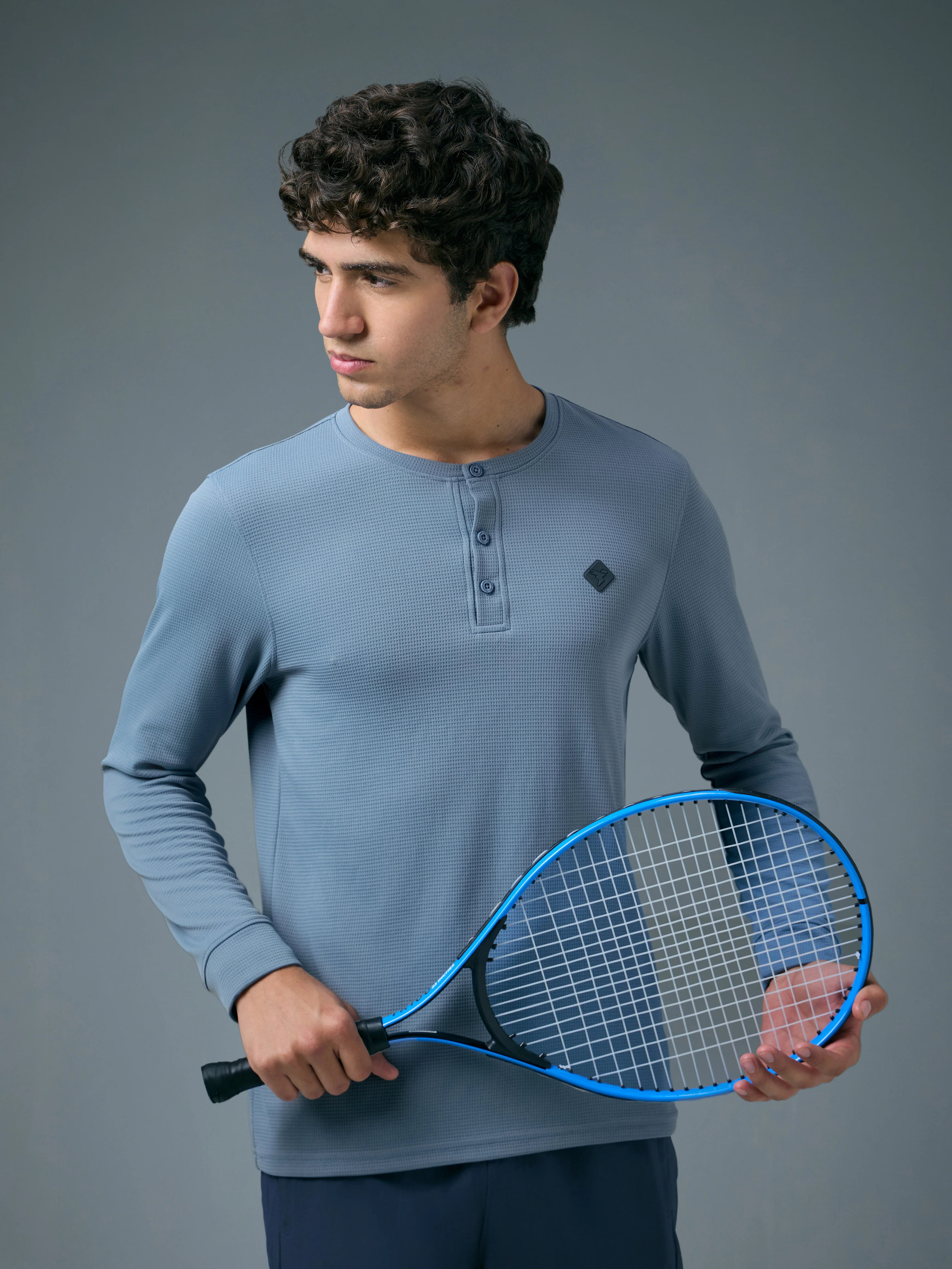 Men Self Design Slim Fit Henley Neck Sports T-Shirt with TECHNOCOOL+