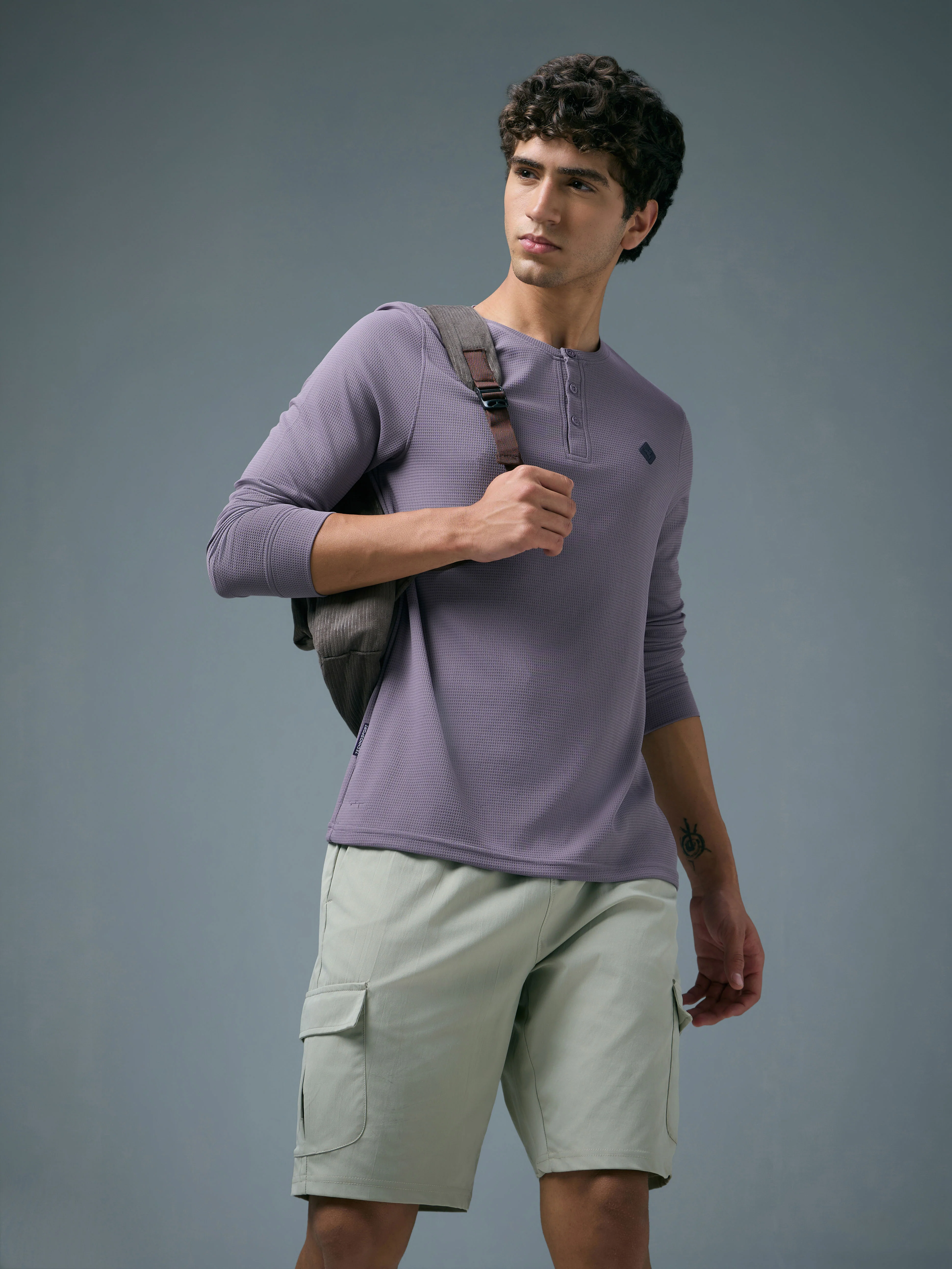 Men Self Design Slim Fit Henley Neck Sports T-Shirt with TECHNOCOOL+