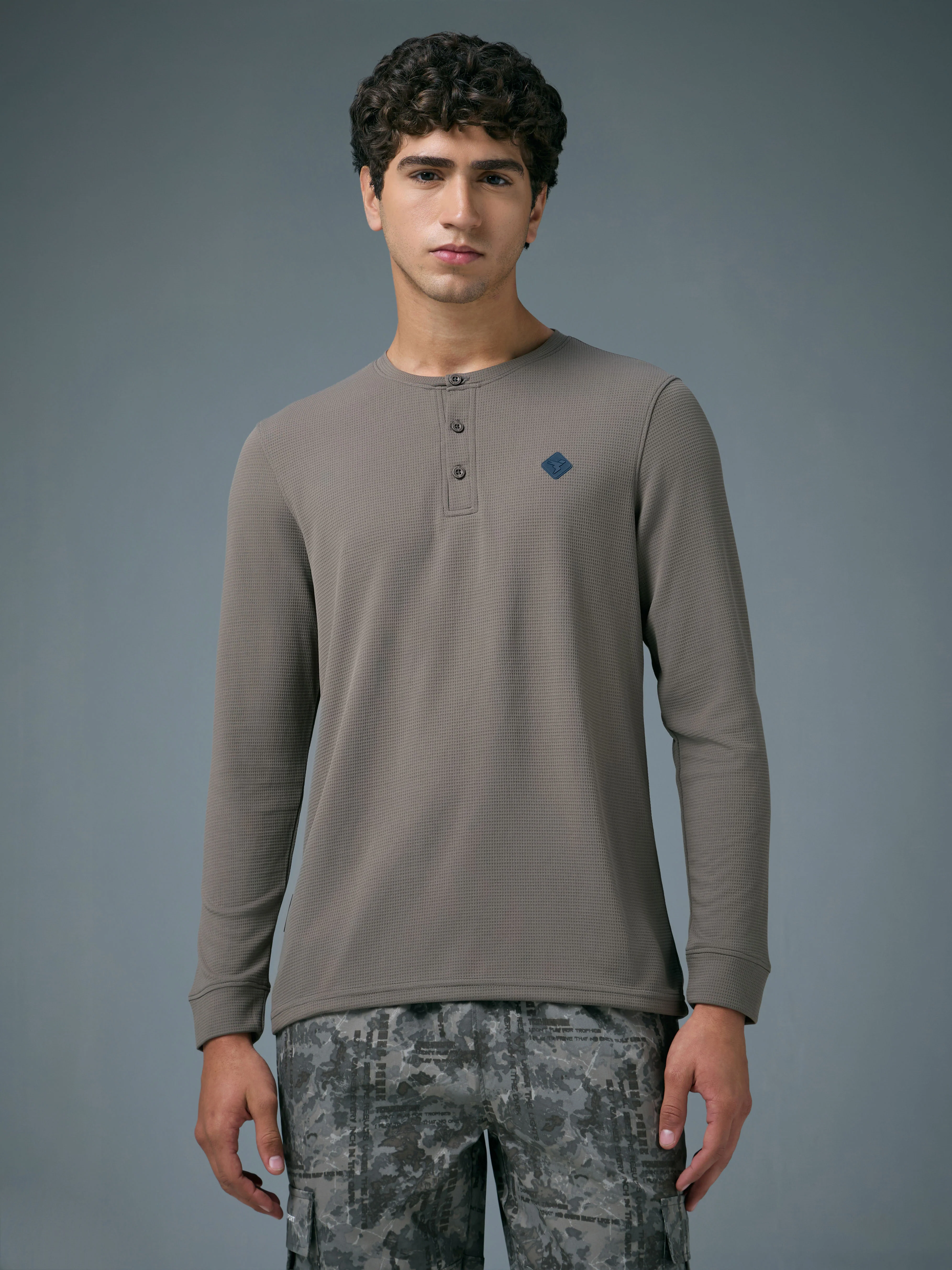 Men Self Design Slim Fit Henley Neck Sports T-Shirt with TECHNOCOOL+ - Image 2