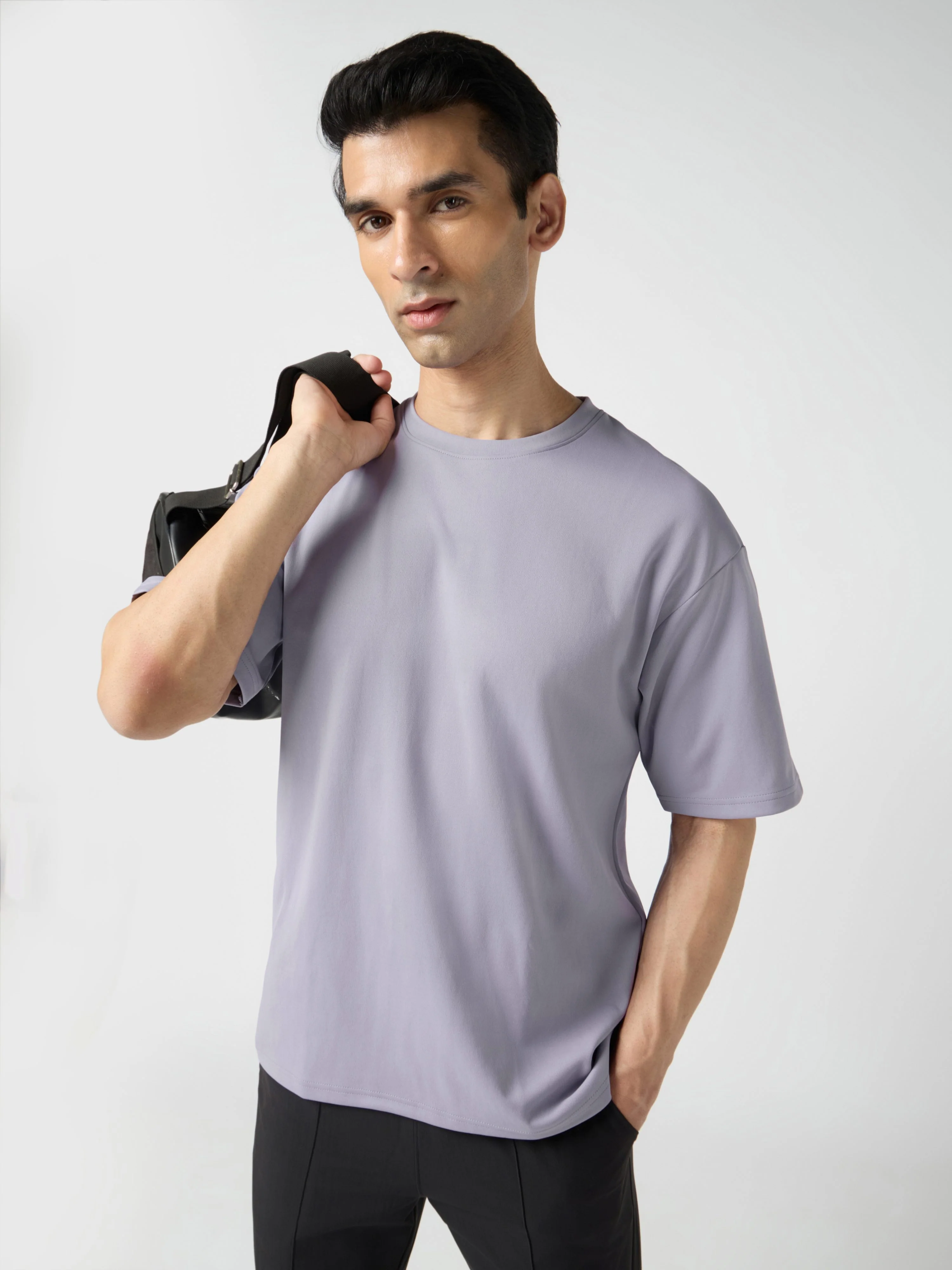 Men Solid Oversized Crew Neck T-shirt with ELASTO PLUS