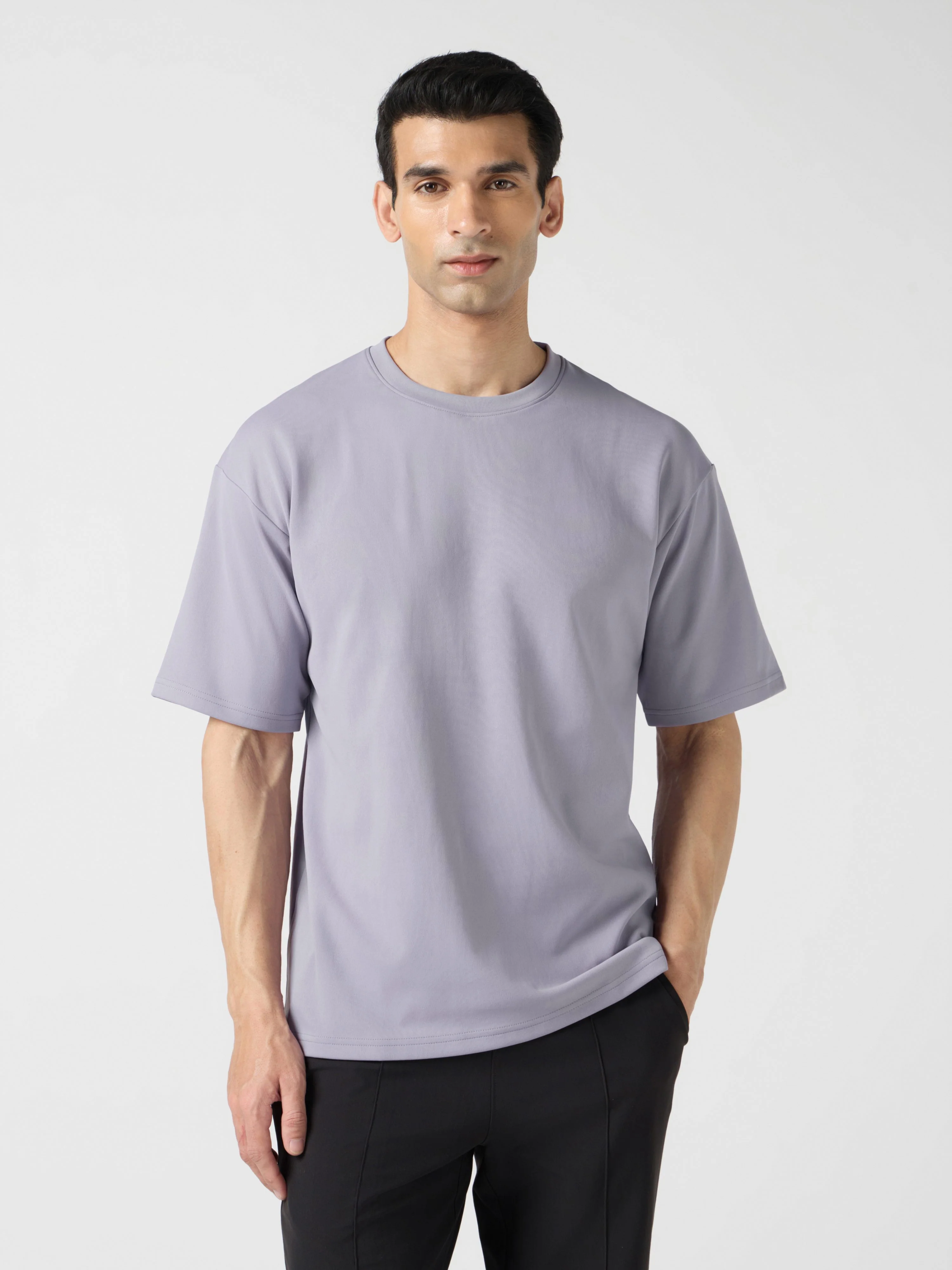 Men Solid Oversized Crew Neck T-shirt with ELASTO PLUS - Image 2