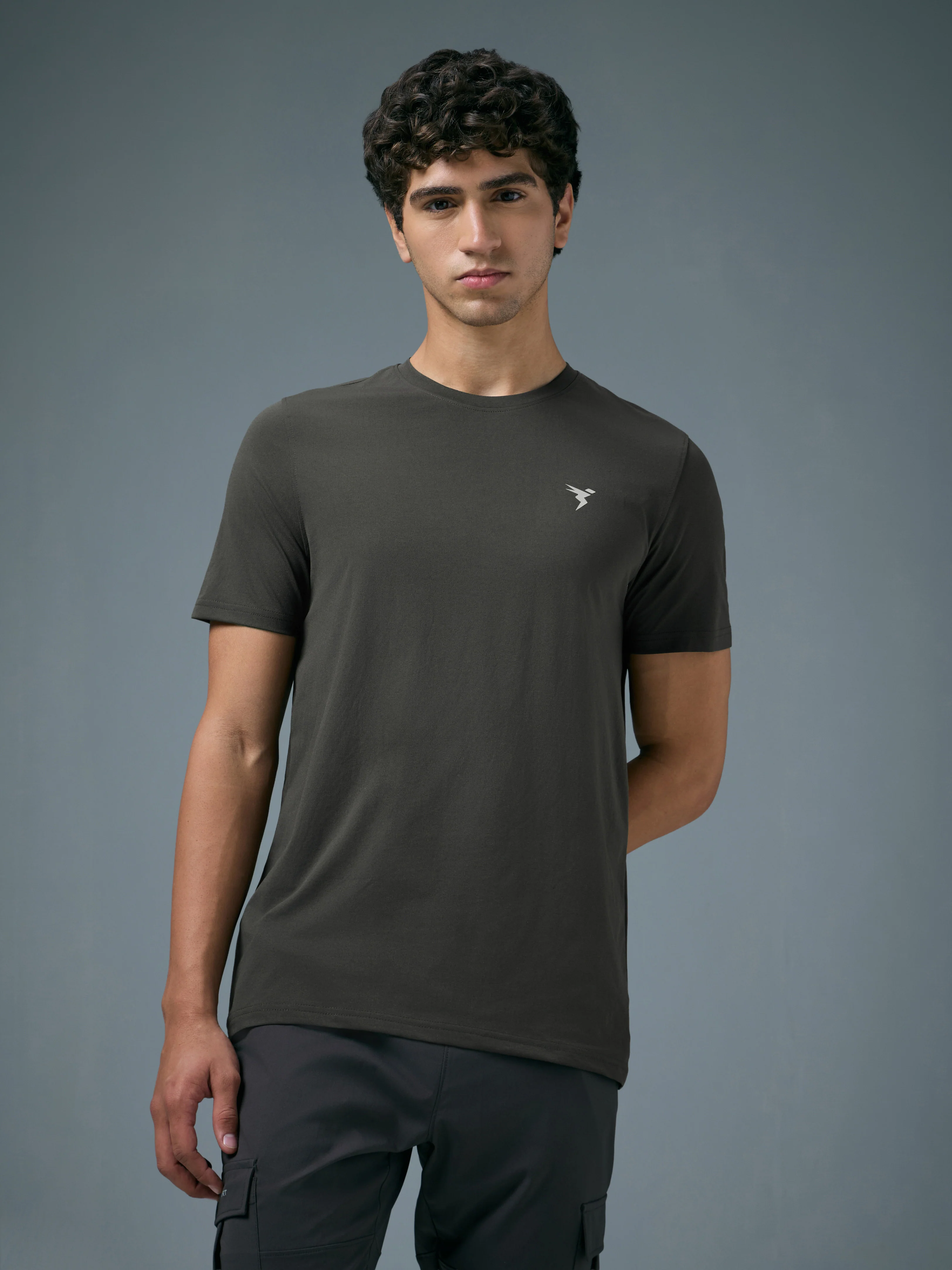 Men Solid Slim Fit Crew Neck T-shirt with COTFLEX - Image 2