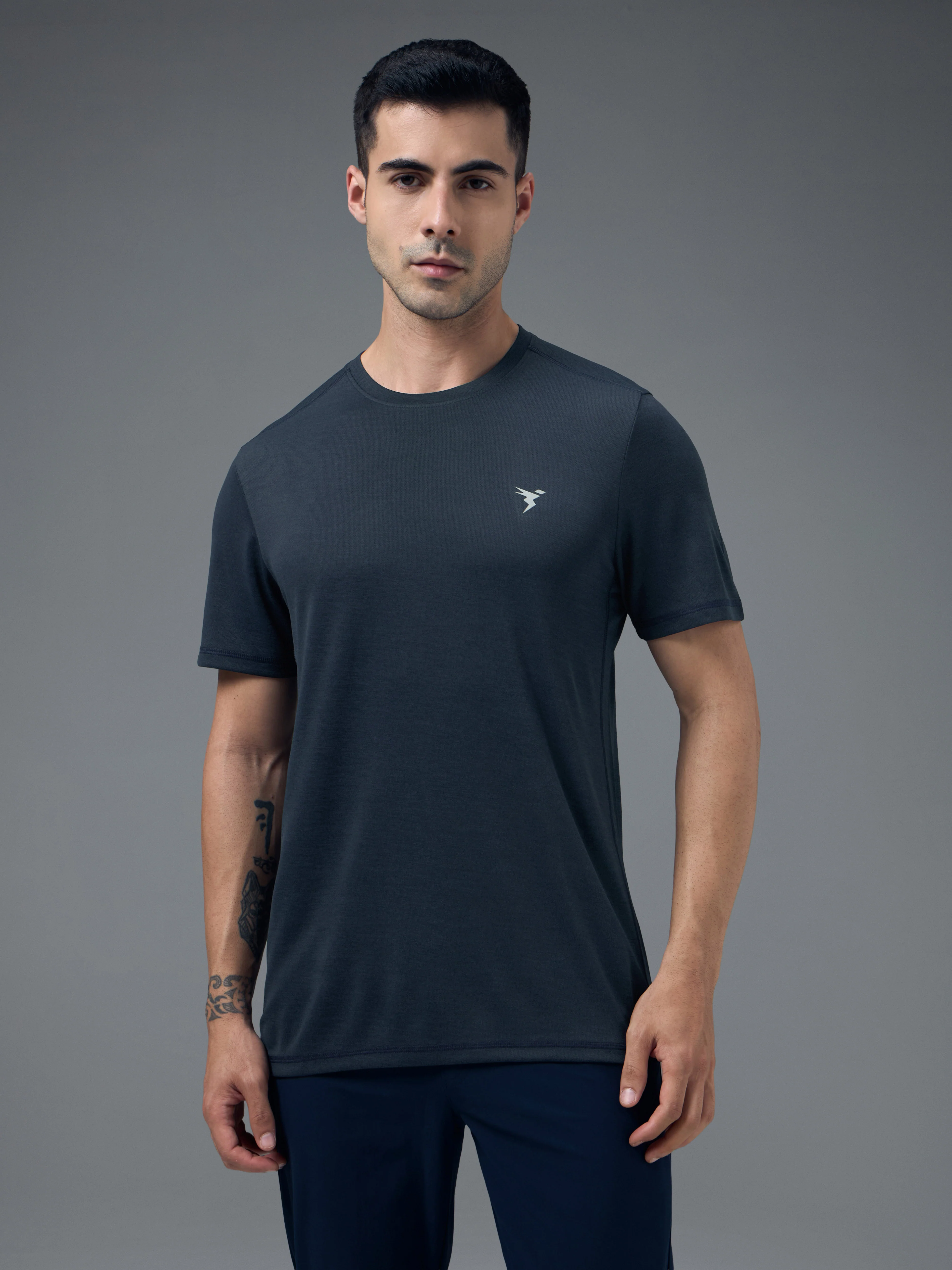 Men Solid Slim Fit Crew Neck T-shirt with DOUBLE COOL