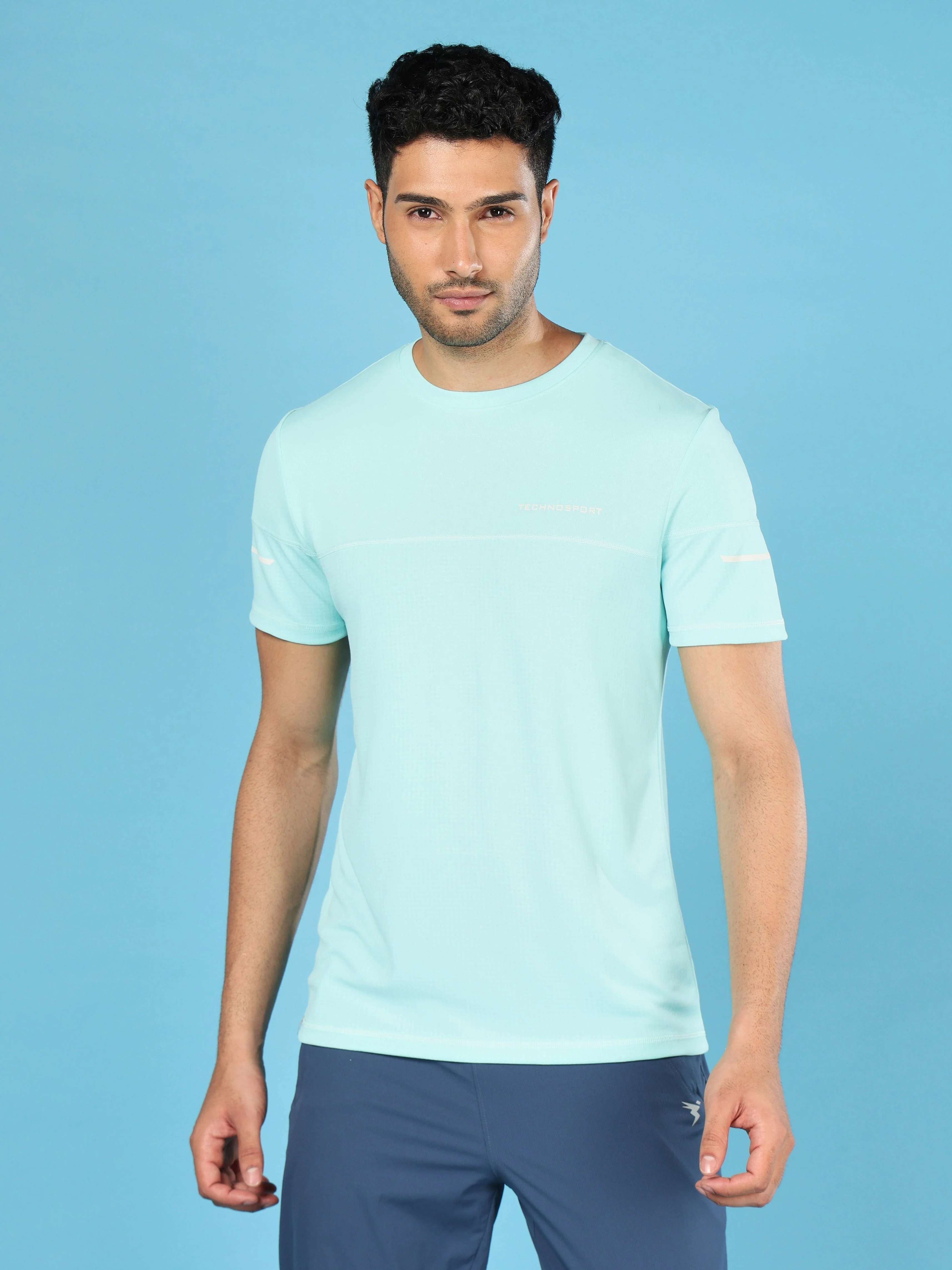 Men Solid Slim Fit Crew Neck T-shirt with DOUBLE COOL - Image 2