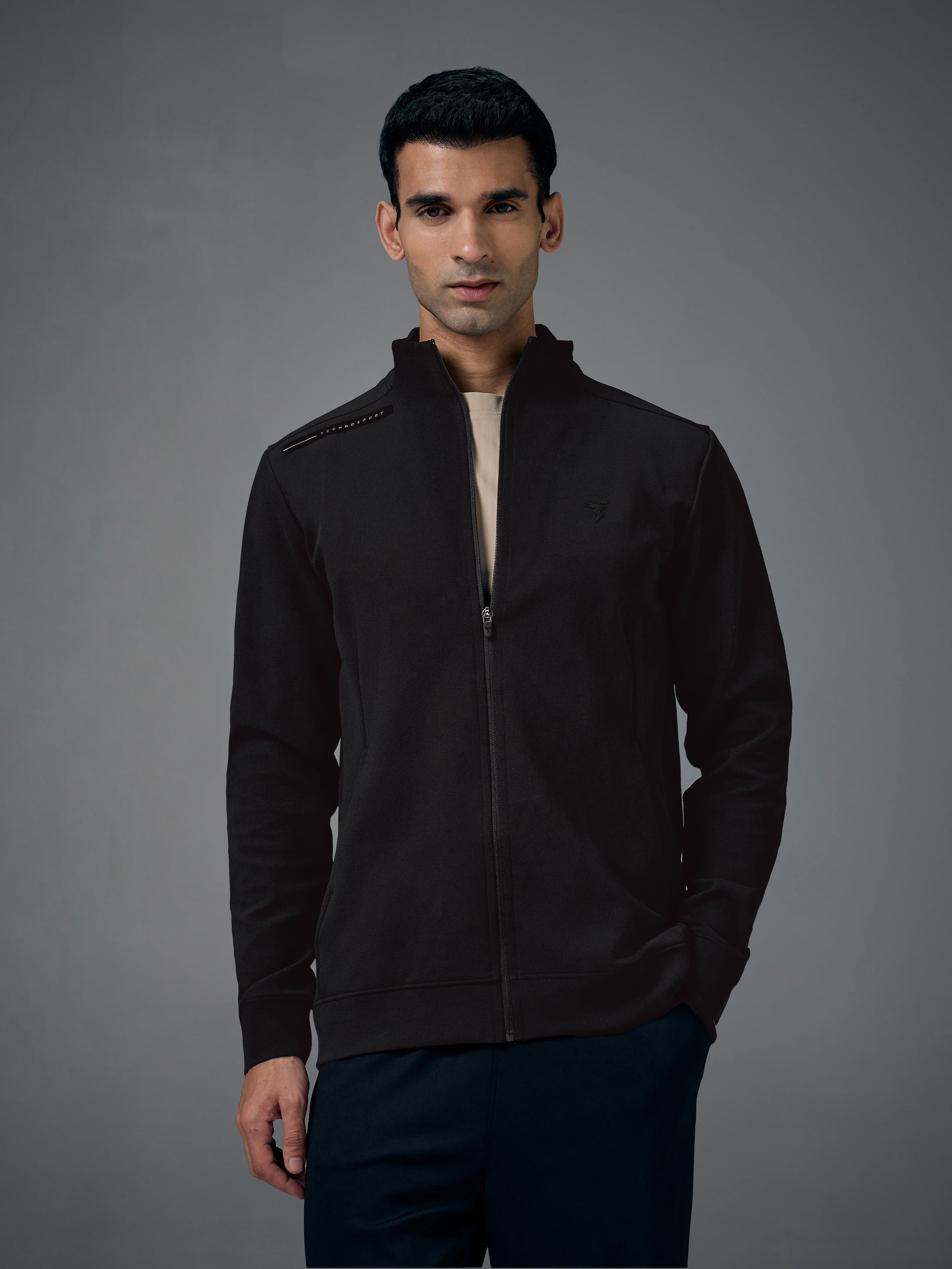 Men Solid Slim Fit Mock Neck Jacket with ELASTO PLUS - Image 2