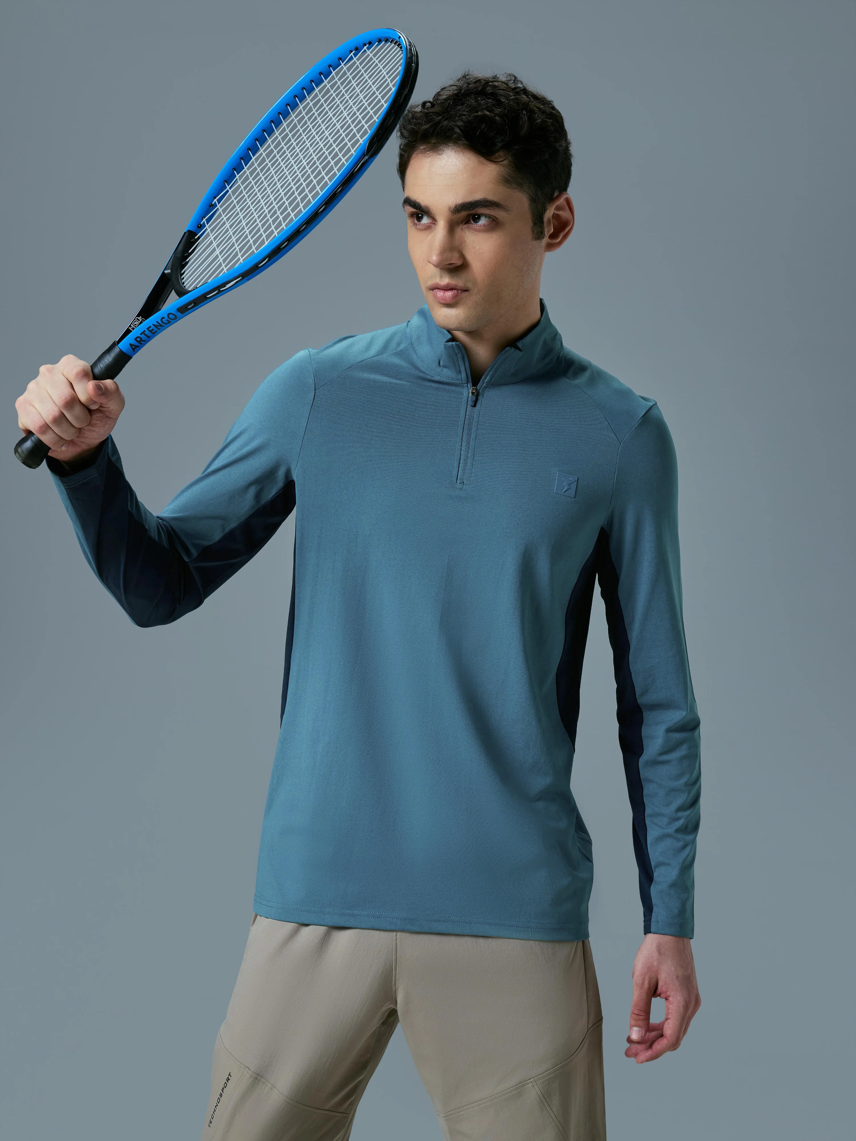 Men Colorblock Slim Fit Mock Neck Sports T-shirt with COTFLEX
