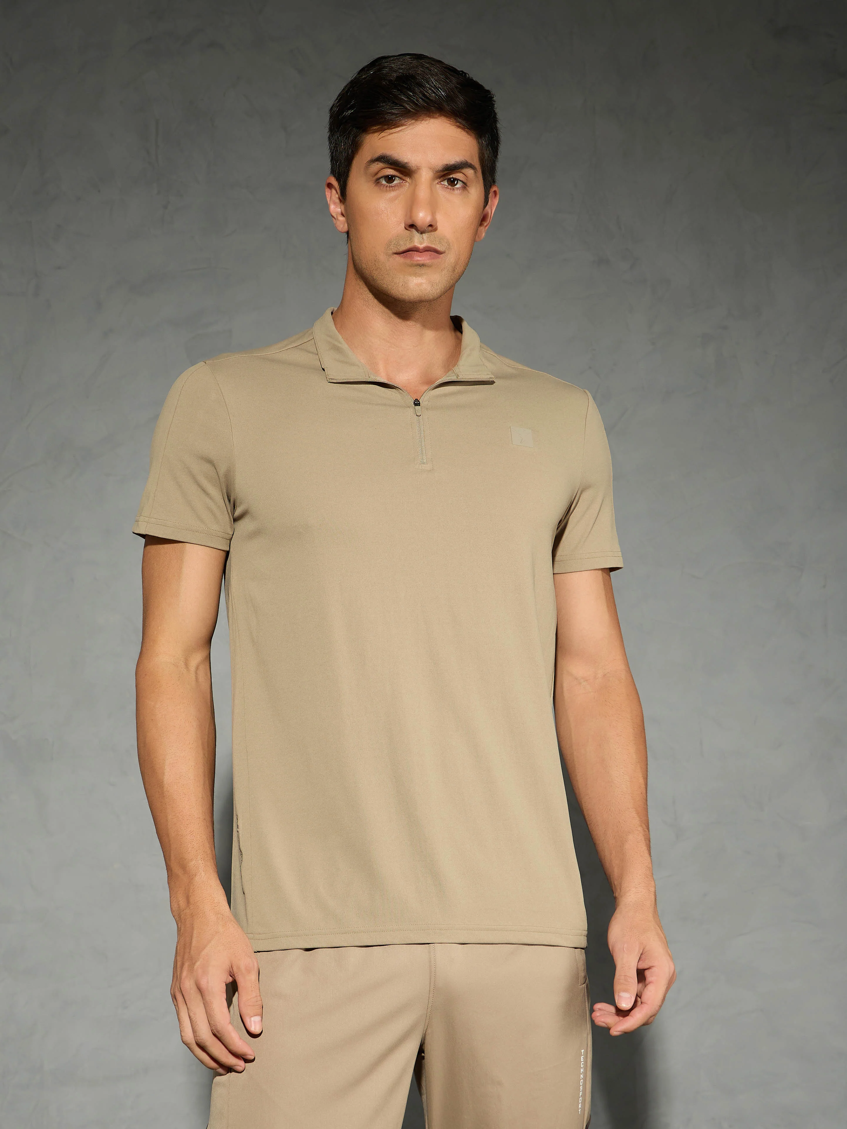 Men Solid Slim Fit Mock Neck T-shirt with COTFLEX - Image 2