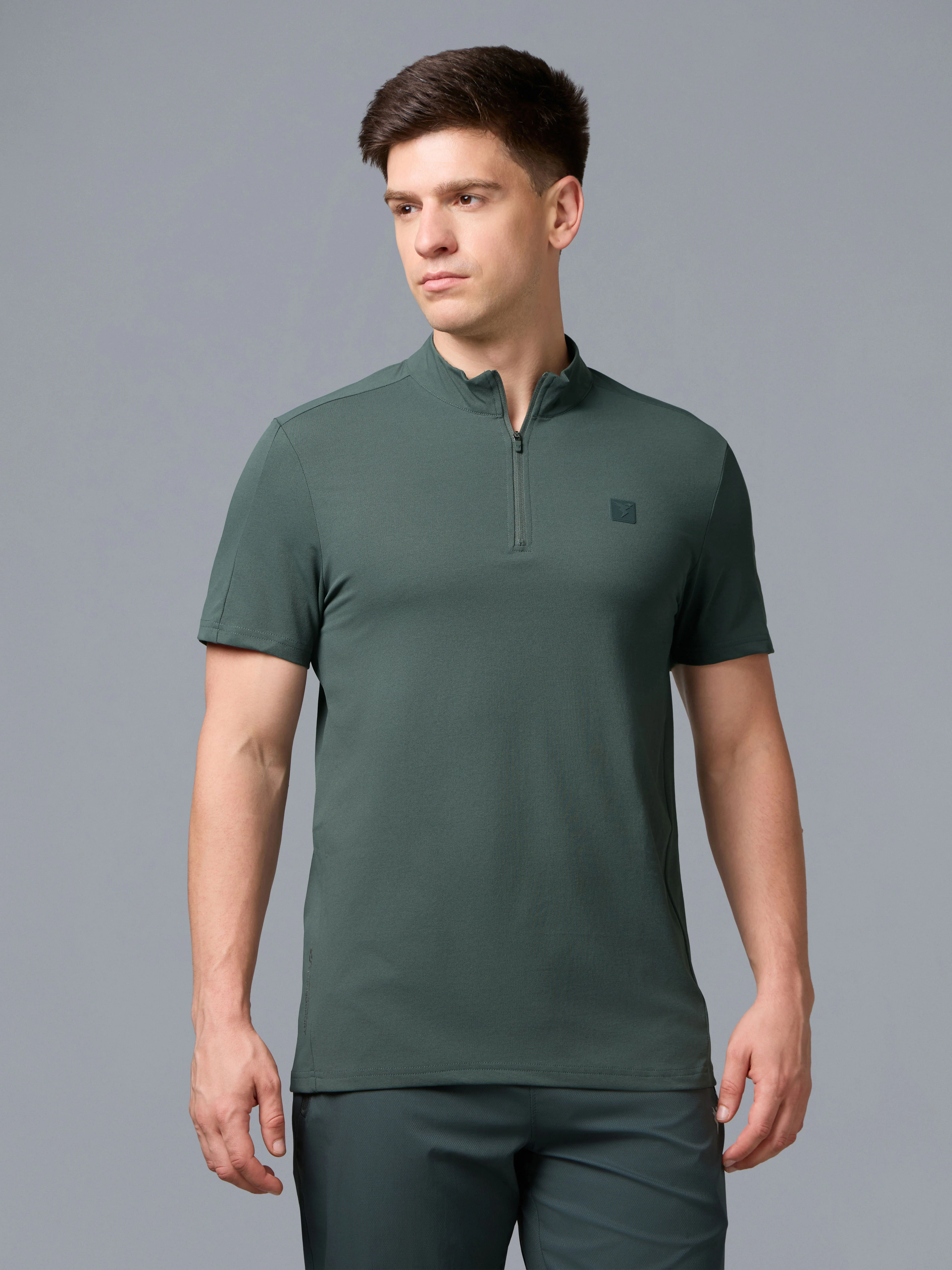 Men Solid Slim Fit Mock Neck T-shirt with COTFLEX - Image 2