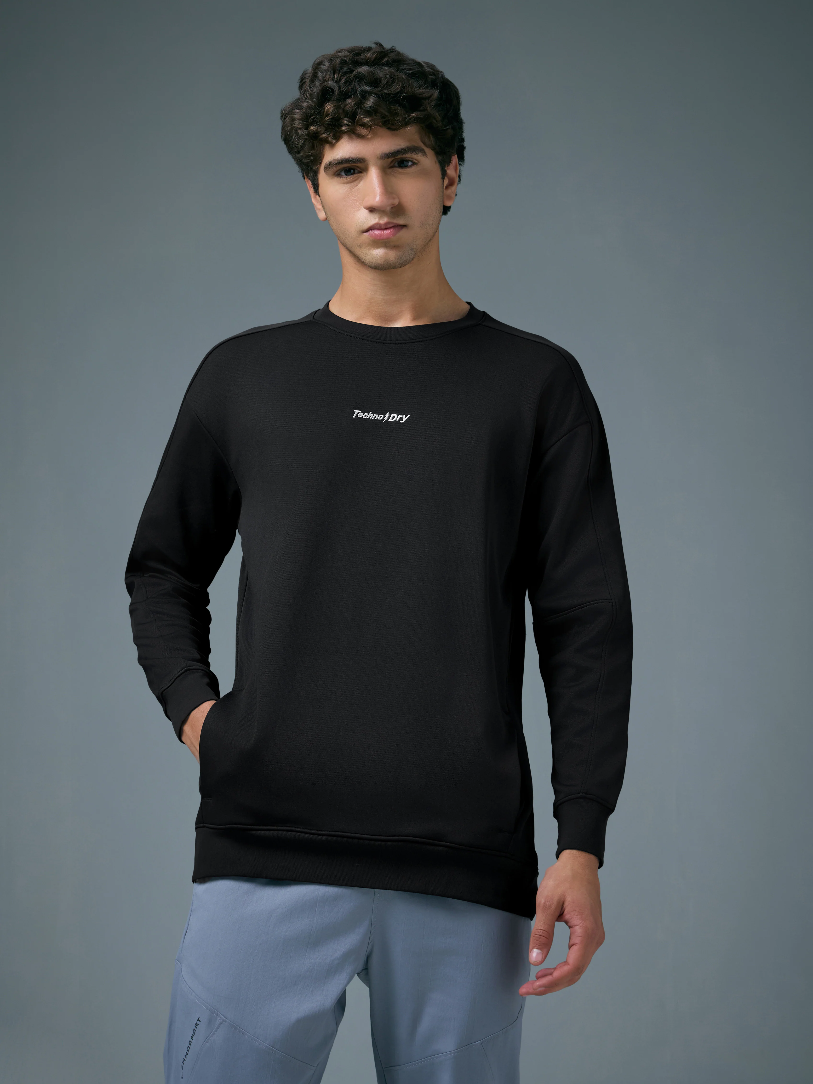Men Solid Slim Fit Round Neck Sports Sweatshirt with ELASTOPLUS - Image 2