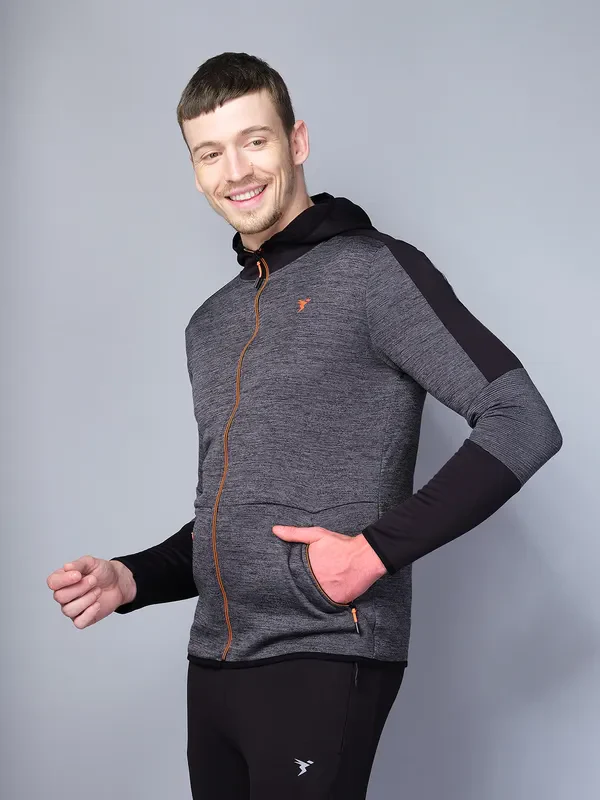 Men Melange Slim Fit Hooded Jacket with TECHNO WARM+ - Image 3