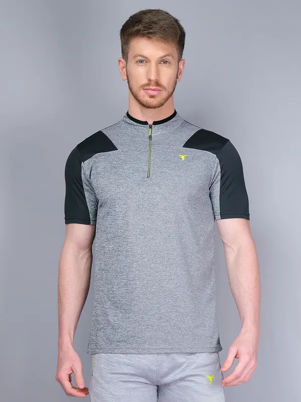 Men Melange Slim Fit Mock Neck T-shirt with DOUBLE COOL