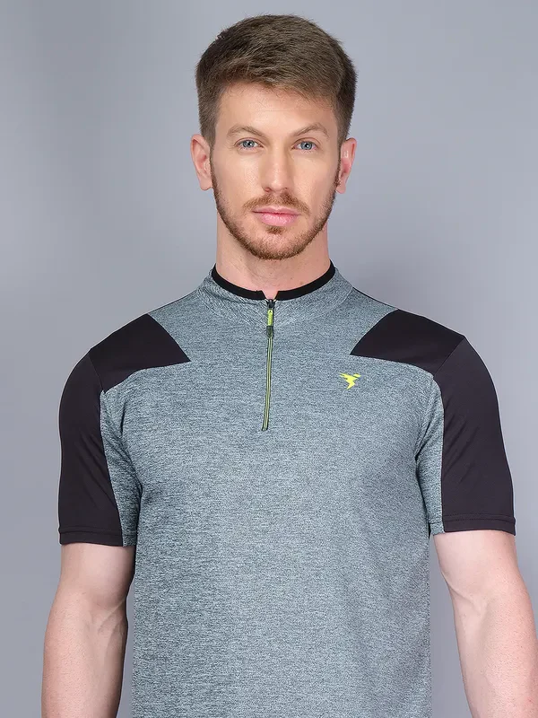 Men Melange Slim Fit Mock Neck T-shirt with DOUBLE COOL - Image 8