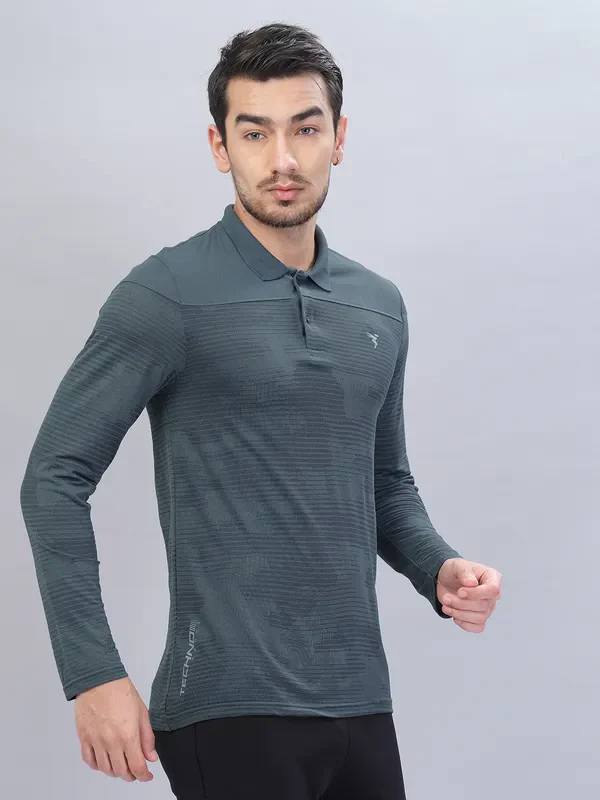 Men Self Design Slim Fit Polo T-shirt with VENTMESH - Image 4