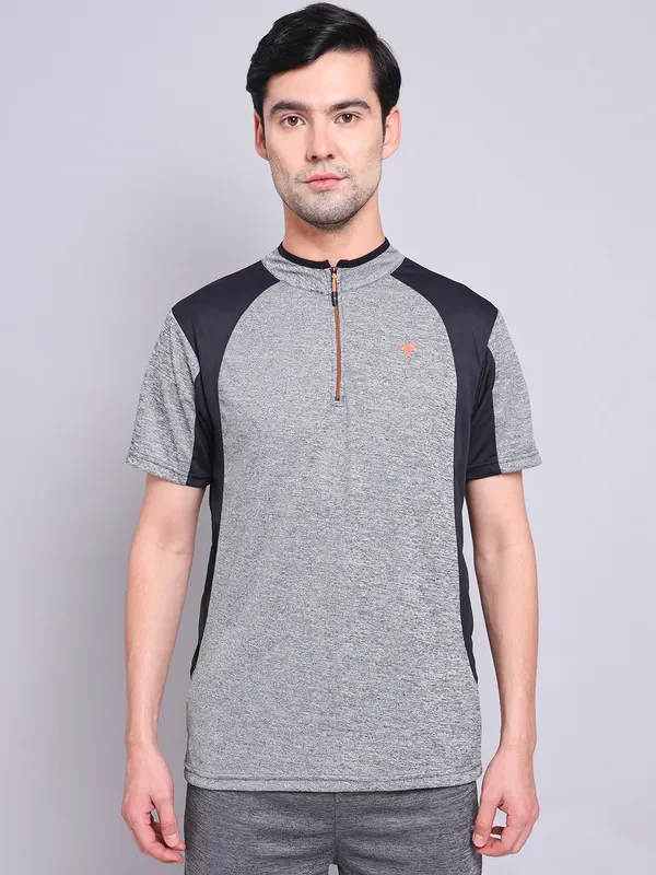 Men Melange Slim Fit Mock Neck T-shirt with TECHNO COOL+ - Image 2