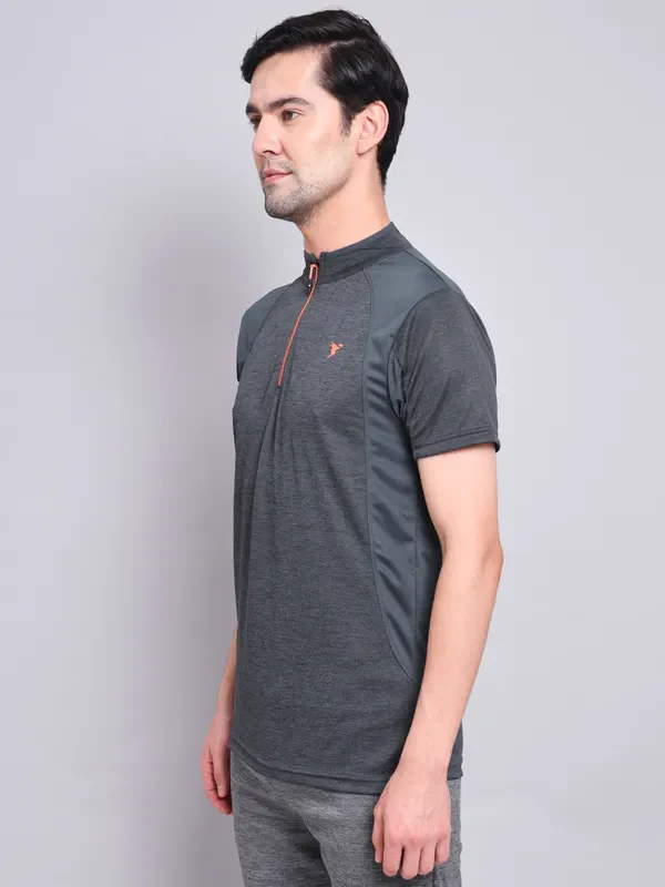Men Melange Slim Fit Mock Neck T-shirt with TECHNO COOL+ - Image 3