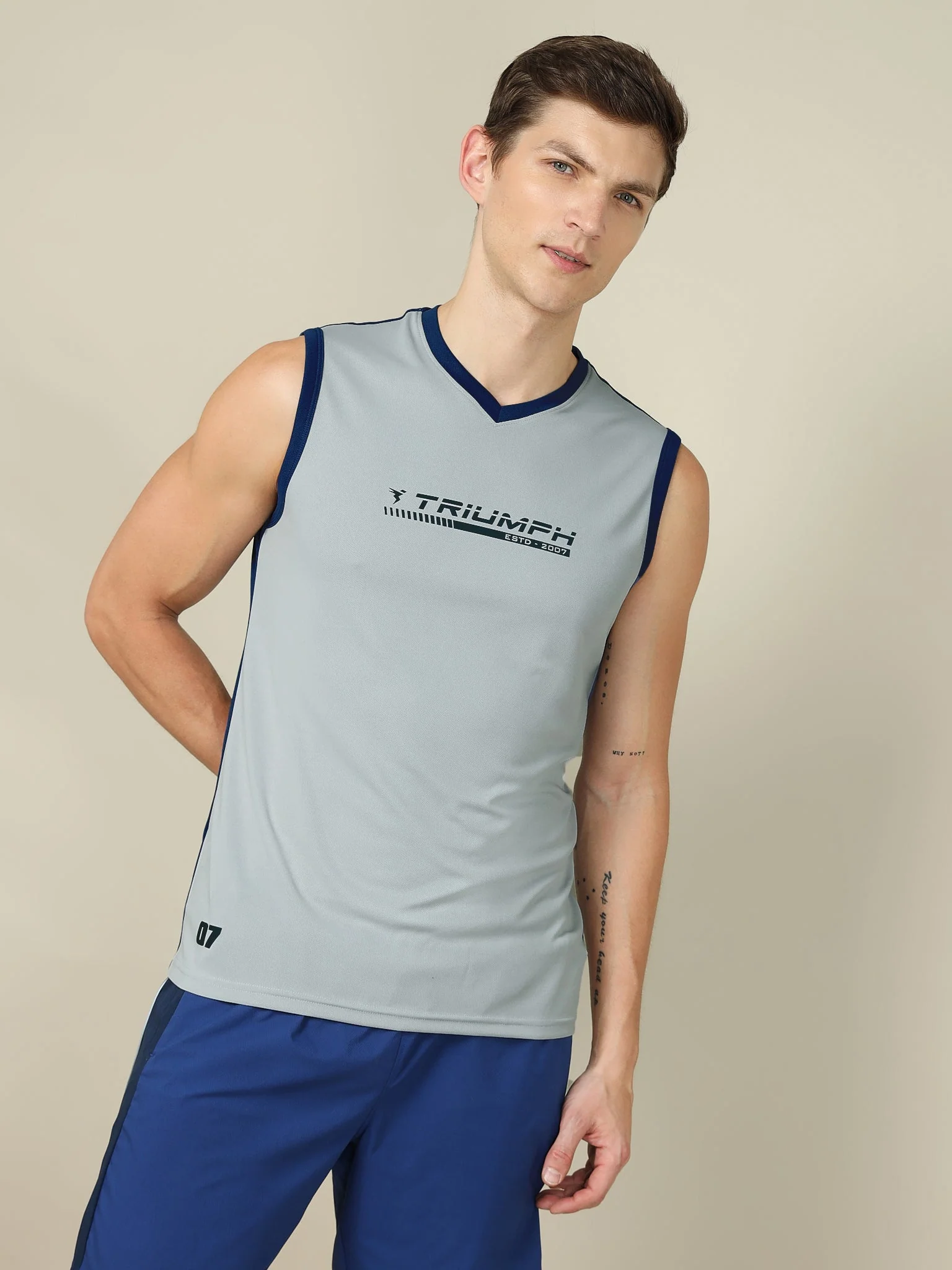 Men Solid Slim Fit V Neck Sleeveless T-shirt with TECHNO COOL + - Image 2