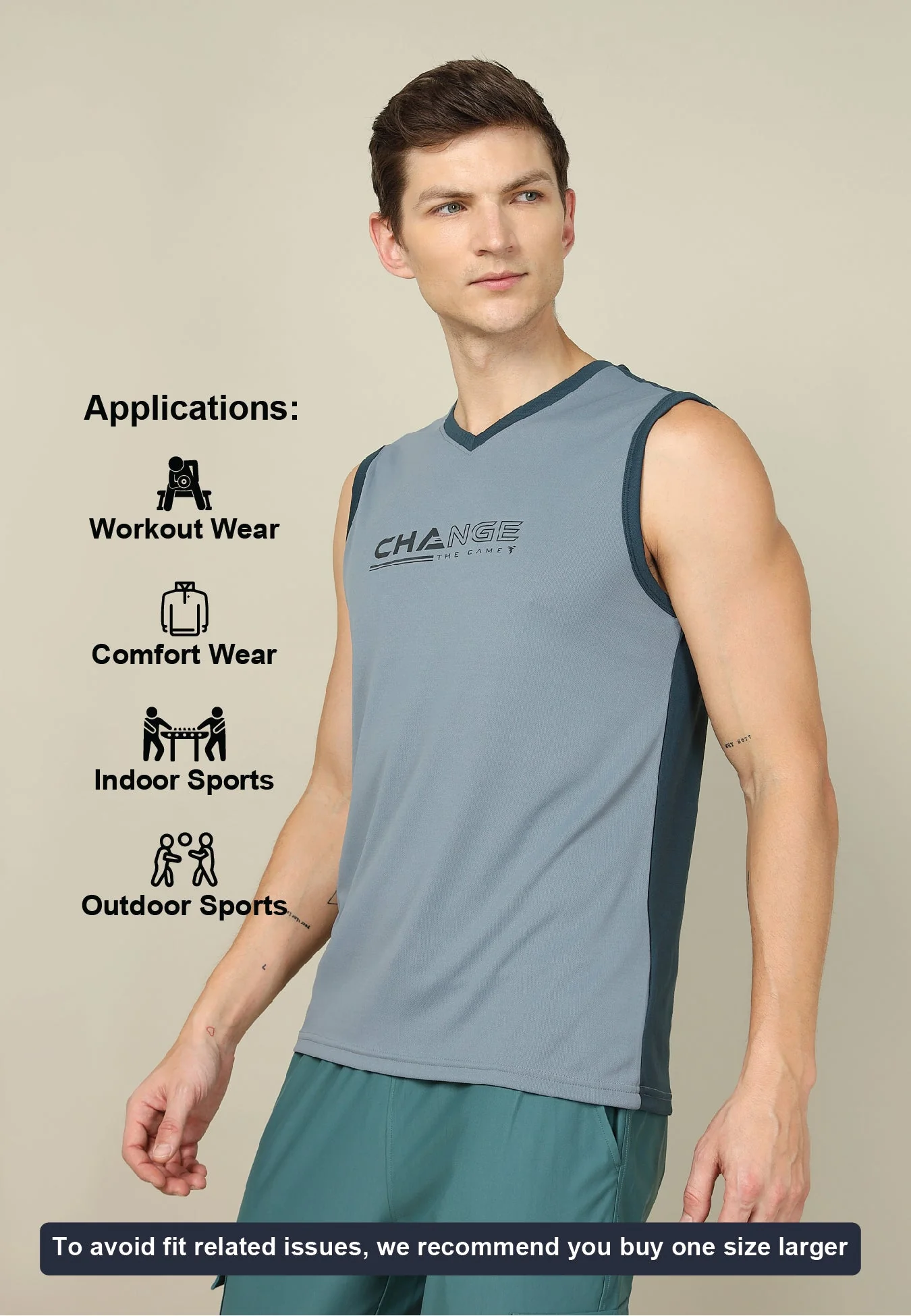 Men Solid Slim Fit V Neck Sleeveless T-shirt with TECHNO COOL + - Image 5