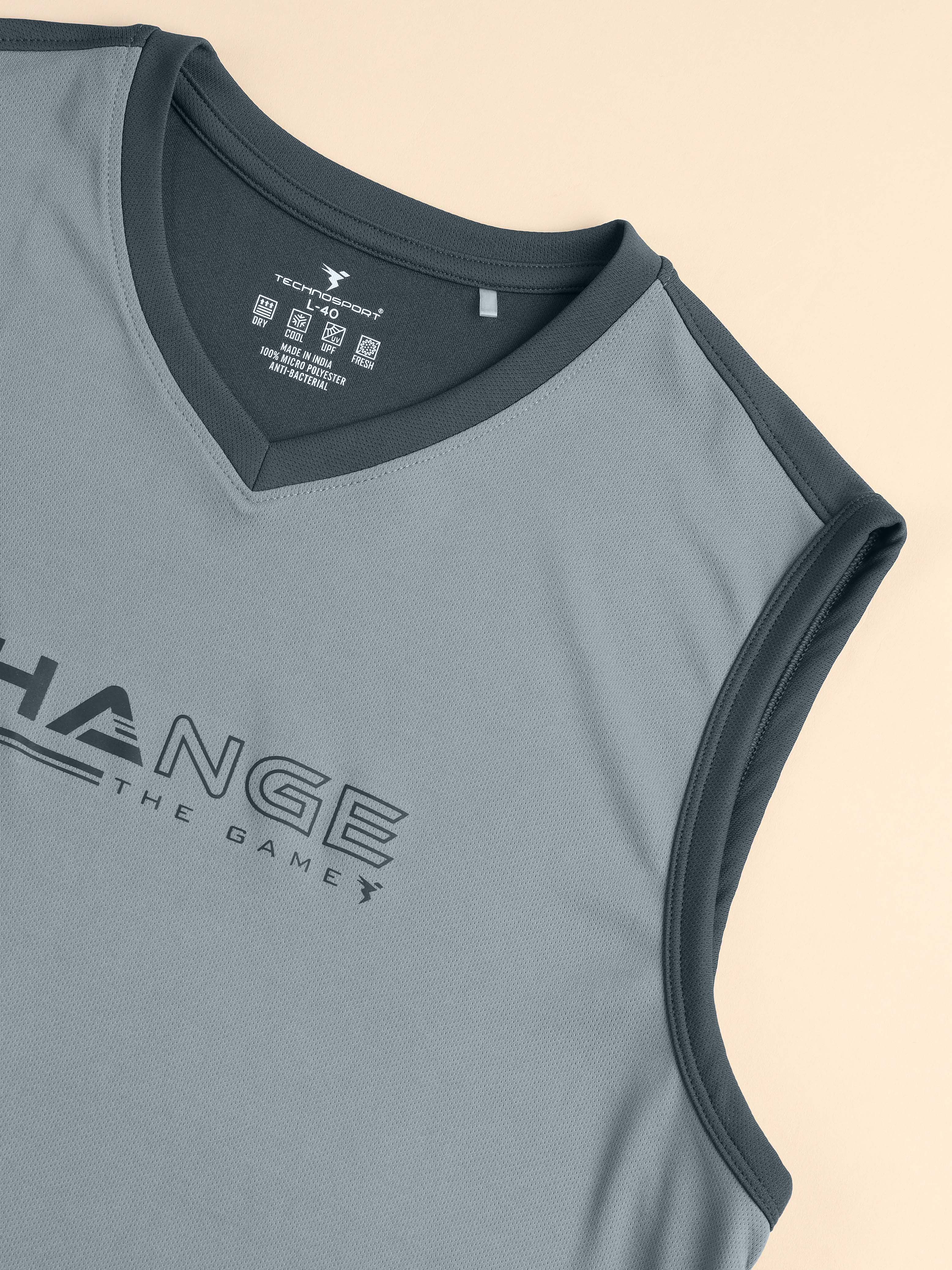 Men Solid Slim Fit V Neck Sleeveless T-shirt with TECHNO COOL + - Image 7