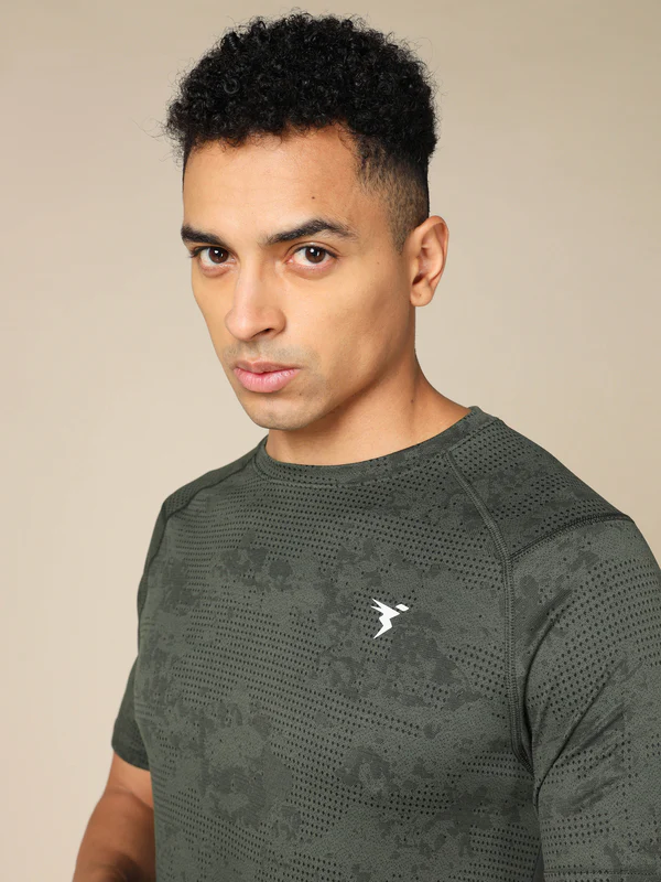 Men Self Design Slim Fit Crew Neck T-shirt with DOUBLE COOL - Image 5
