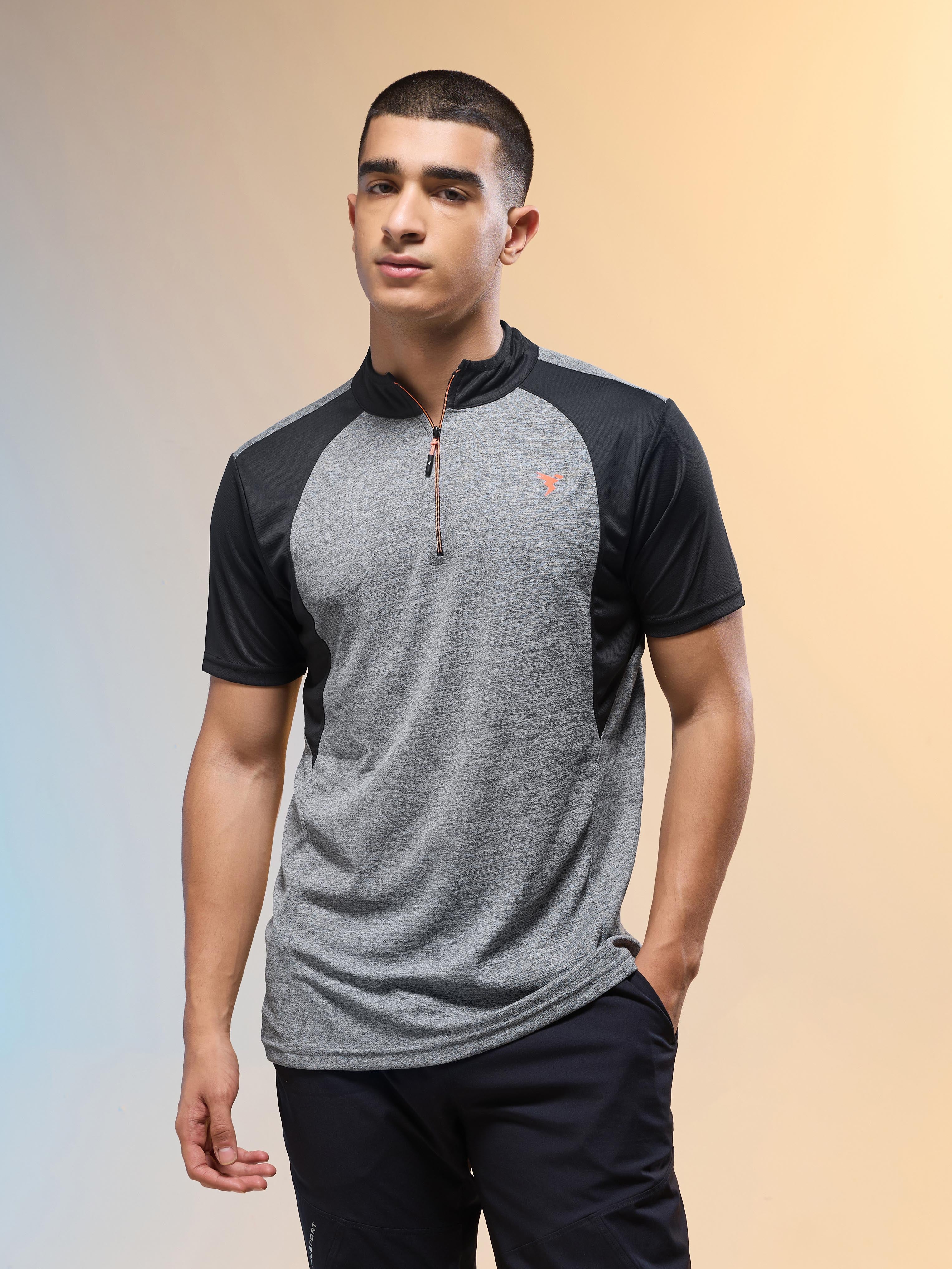 Men Melange Slim Fit Mock Neck T-shirt with TECHNO COOL+ - Image 2
