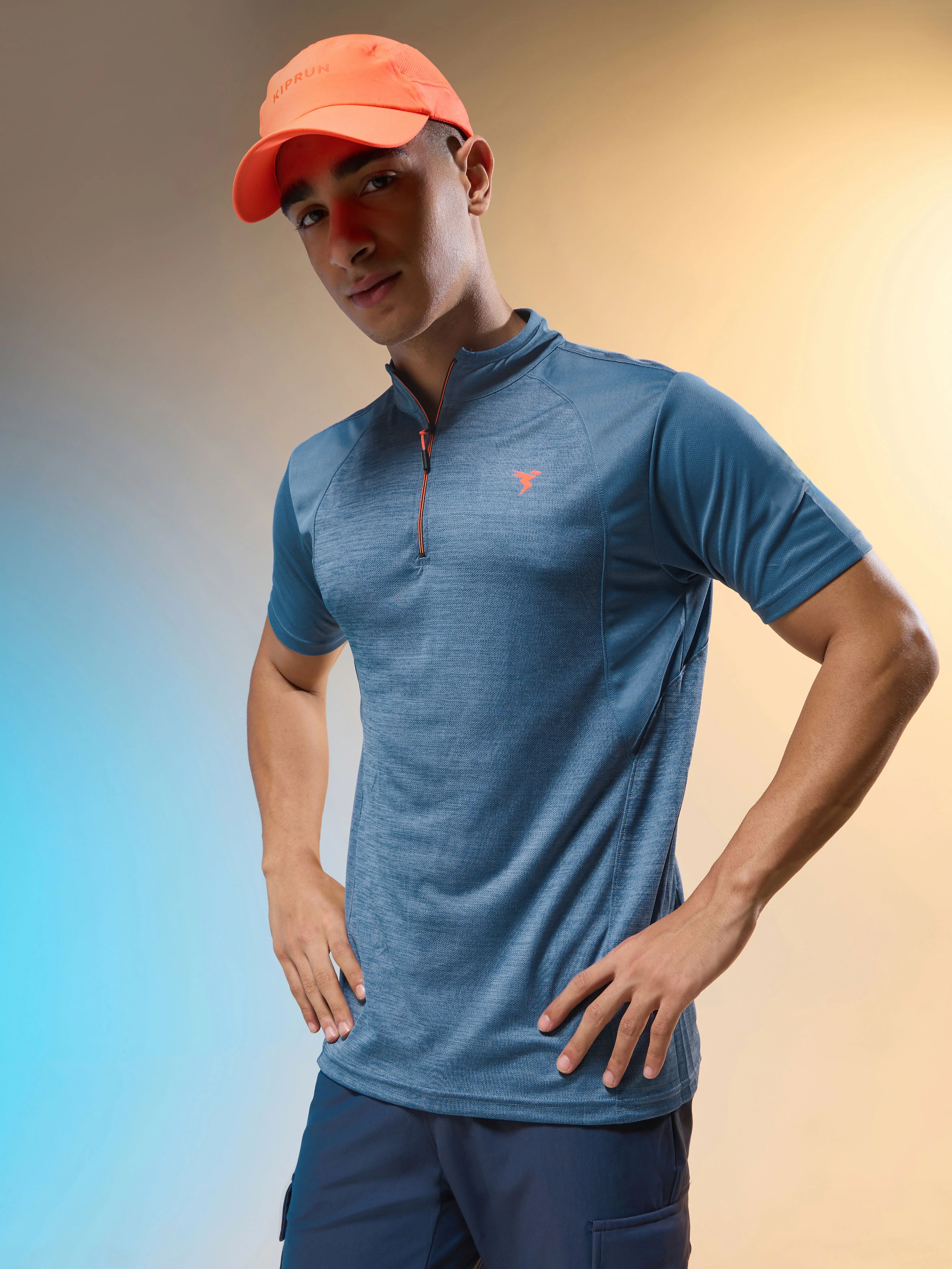 Men Melange Slim Fit Mock Neck T-shirt with TECHNO COOL+