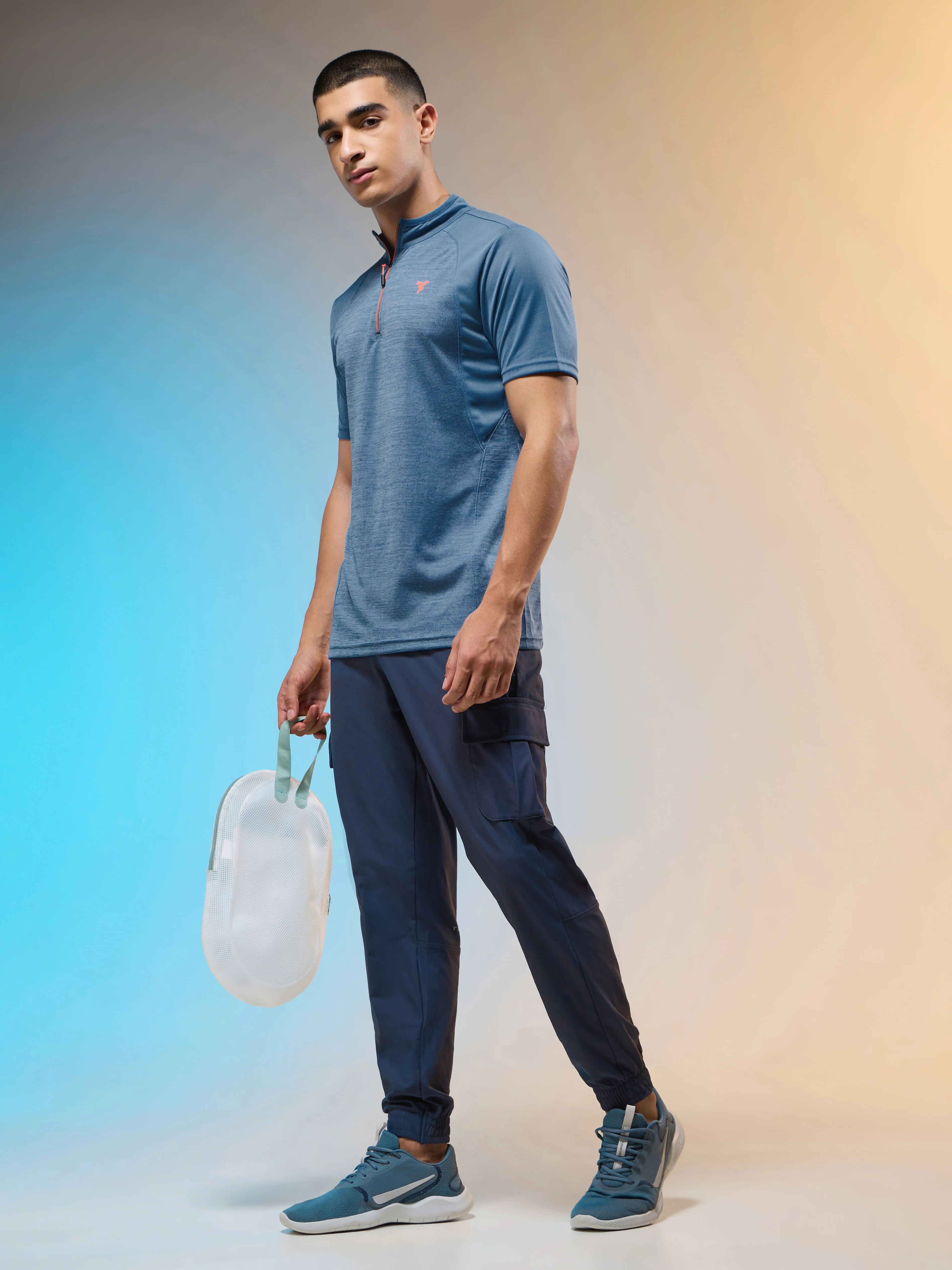Men Melange Slim Fit Mock Neck T-shirt with TECHNO COOL+ - Image 4