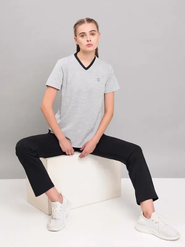 Women Solid Slim Fit V Neck T-shirt with DOUBLE COOL - Image 2