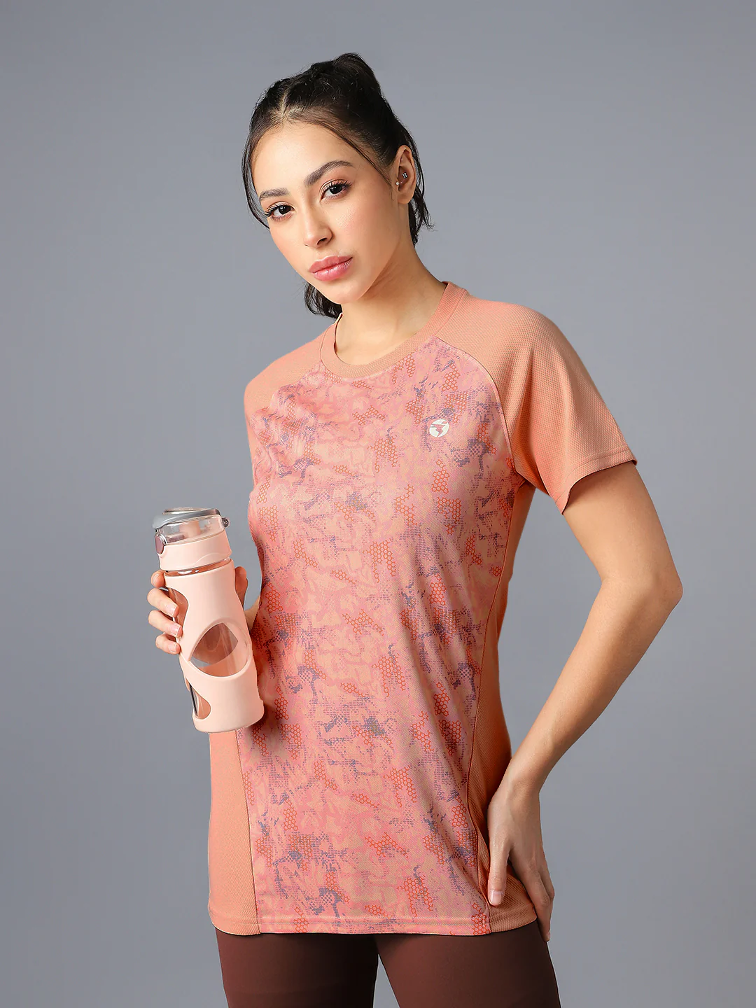 Women Abstract Print Slim Fit Crew Neck T-shirt with TECHNO COOL+