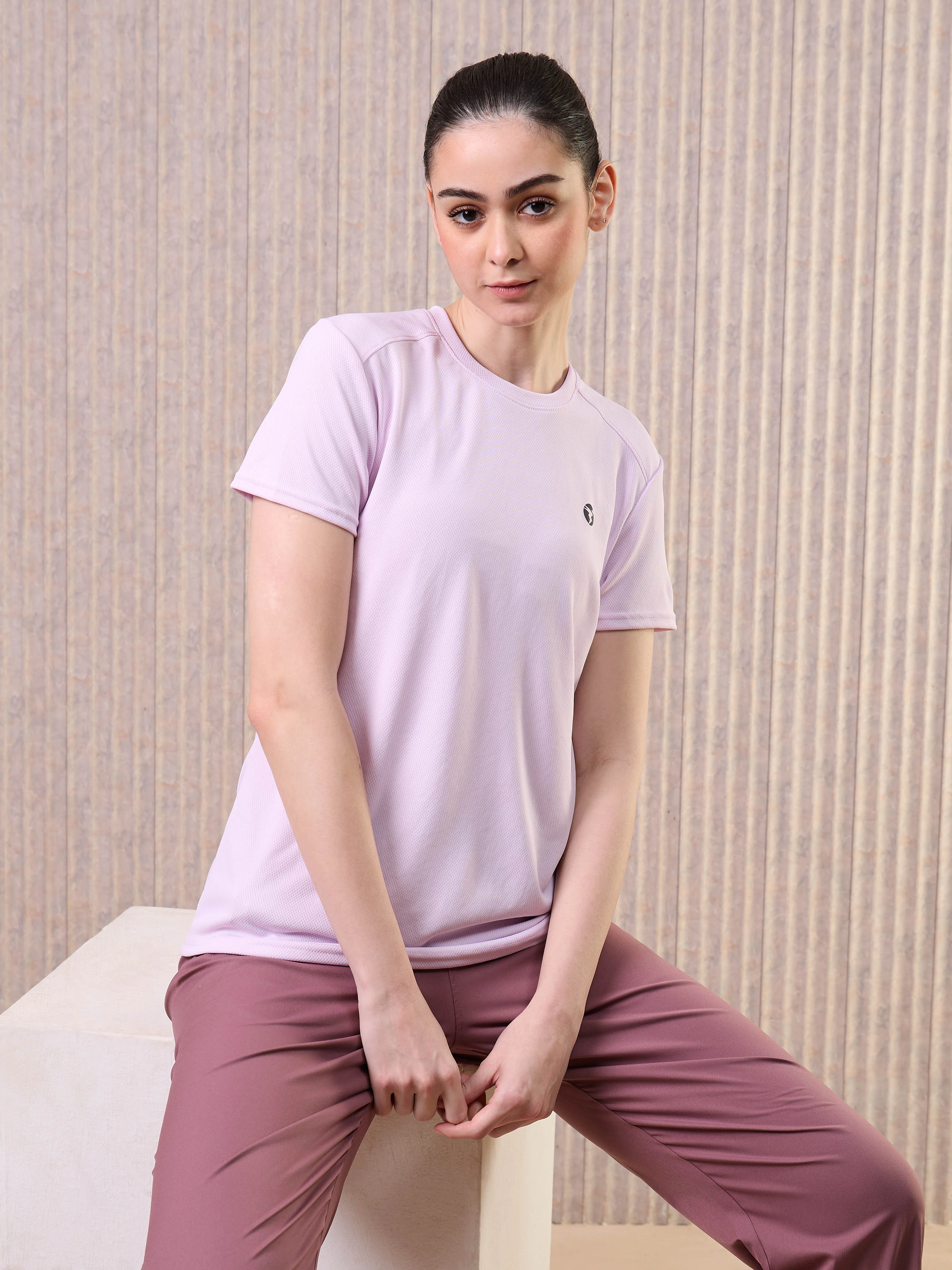 Women Solid Slim Fit Crew Neck T-shirt with TECHNO COOL