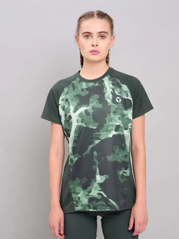 Women Abstract Print Slim Fit Crew Neck T-shirt with TECHNO COOL+