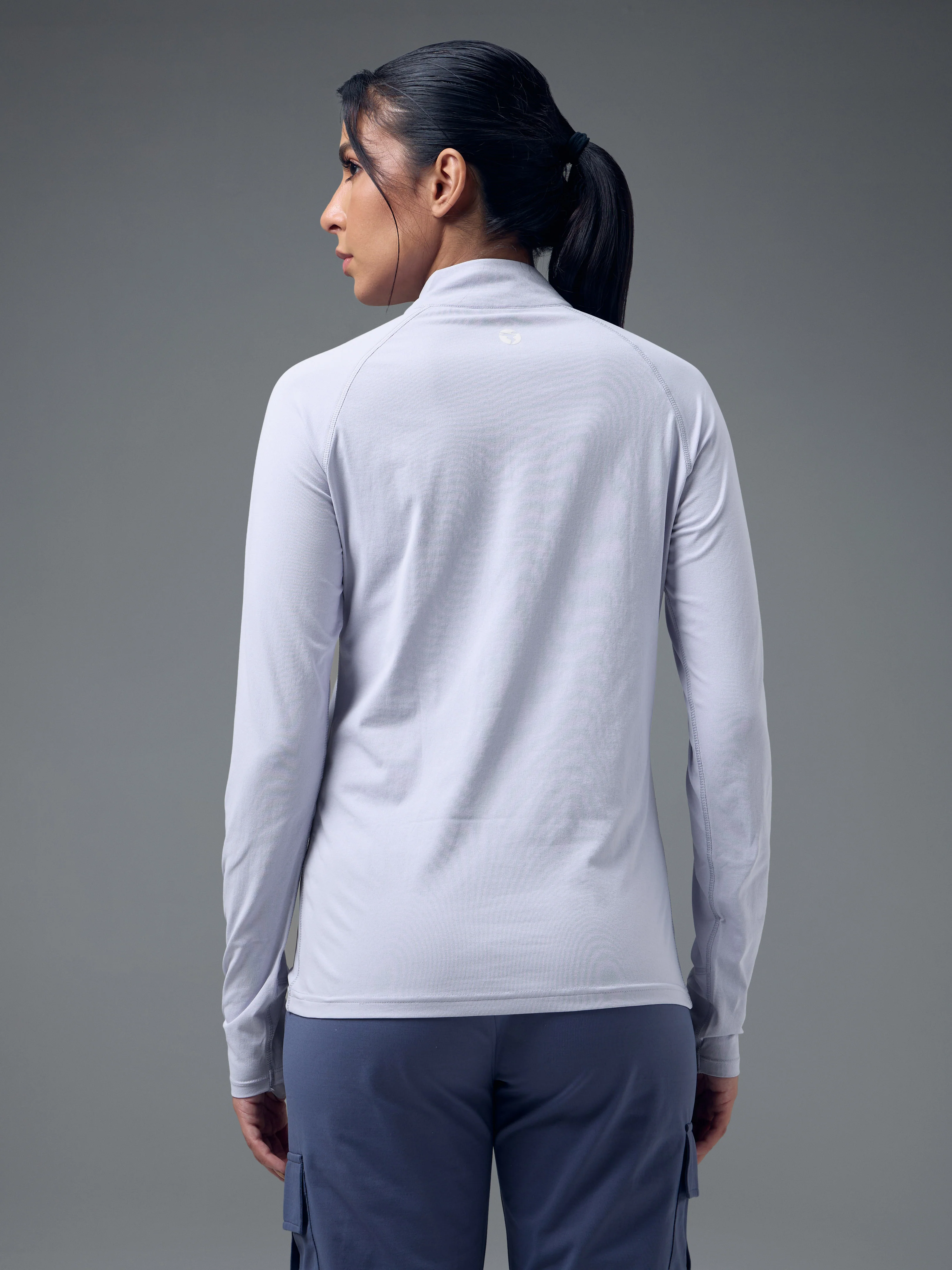 Women Slim Fit Mock Neck Thumbhole Sleeve Solid T-shirt with COTFLEX - Image 2