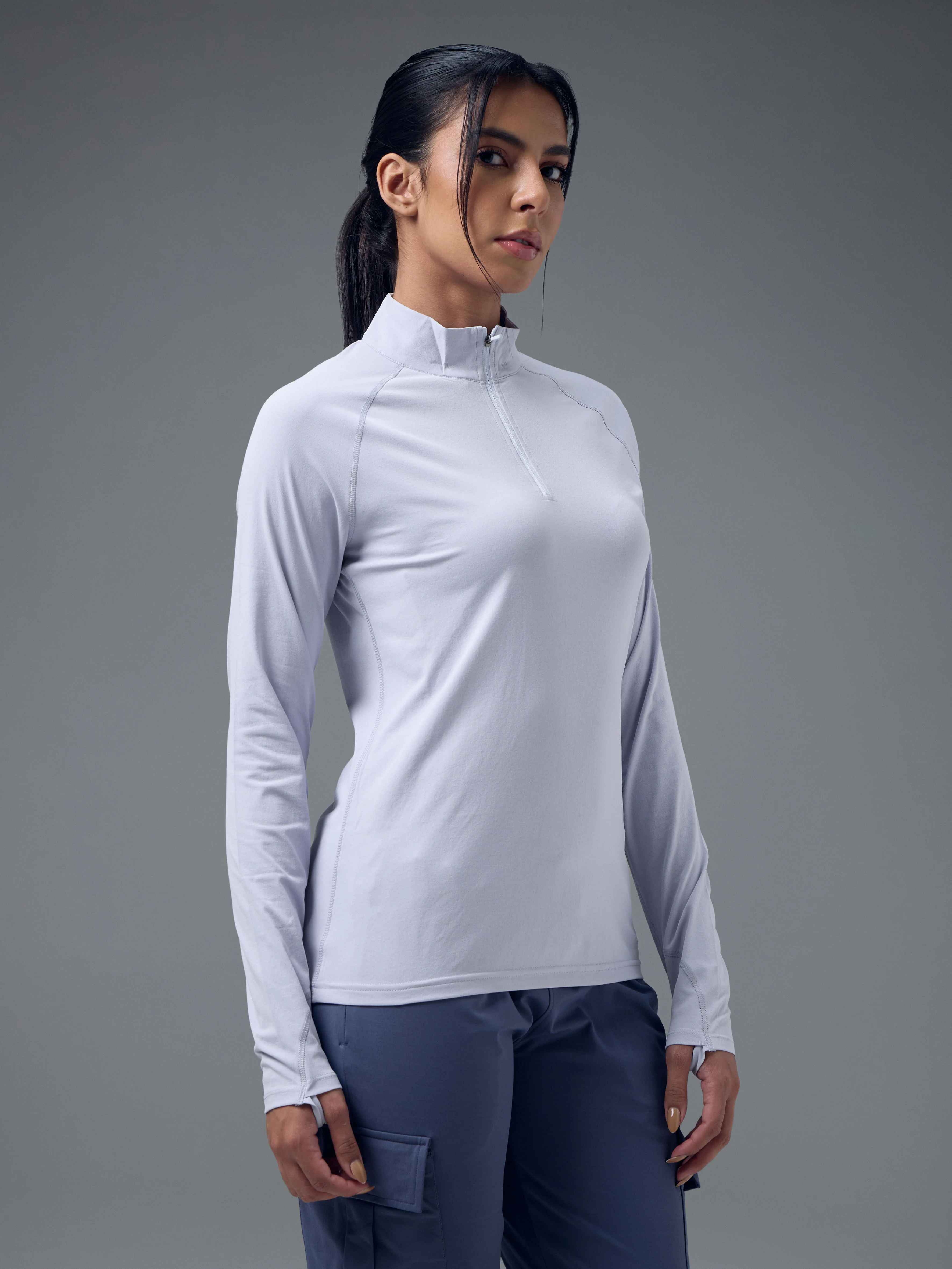 Women Slim Fit Mock Neck Thumbhole Sleeve Solid T-shirt with COTFLEX - Image 3