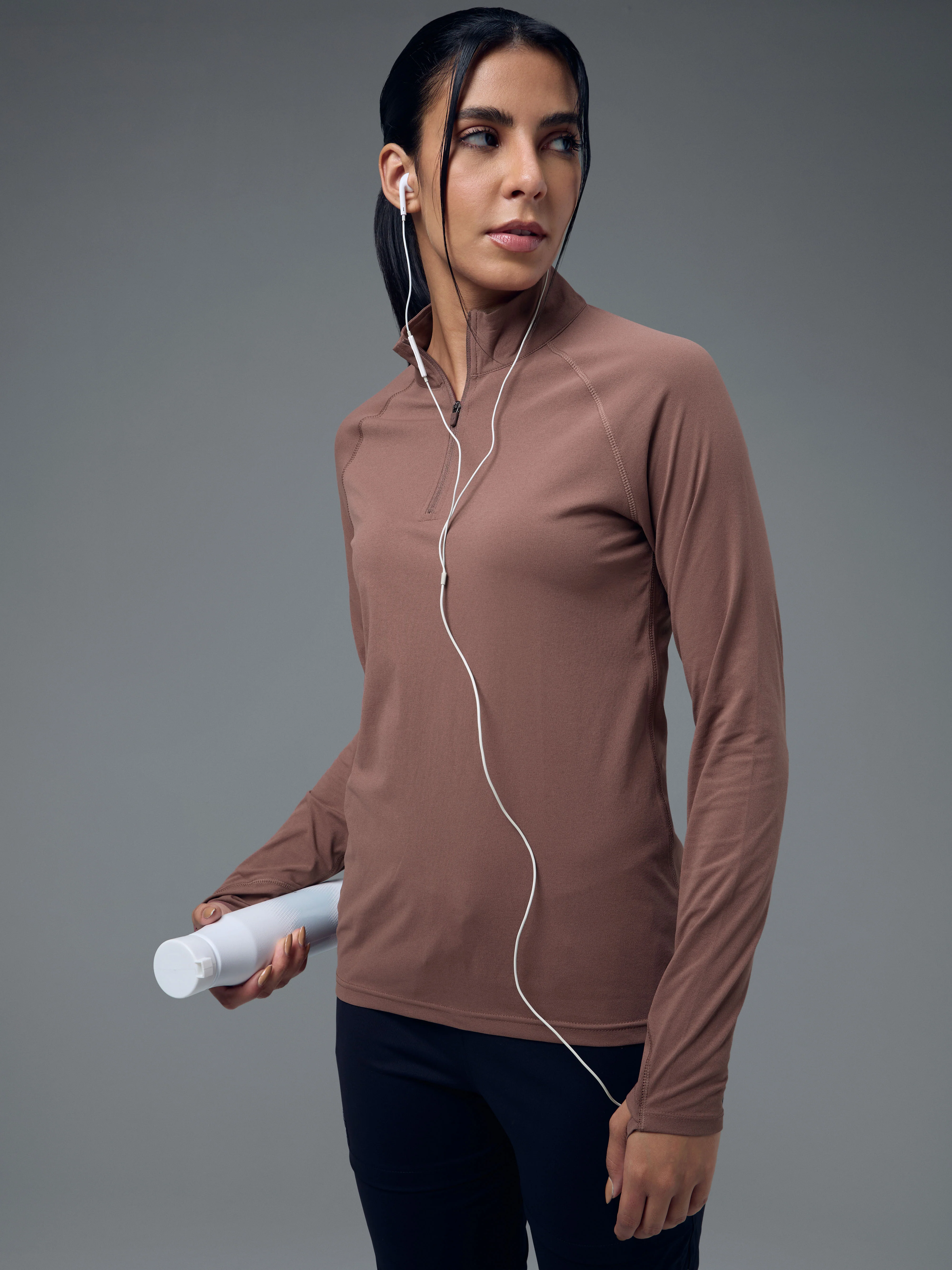 Women Slim Fit Mock Neck Thumbhole Sleeve Solid T-shirt with COTFLEX