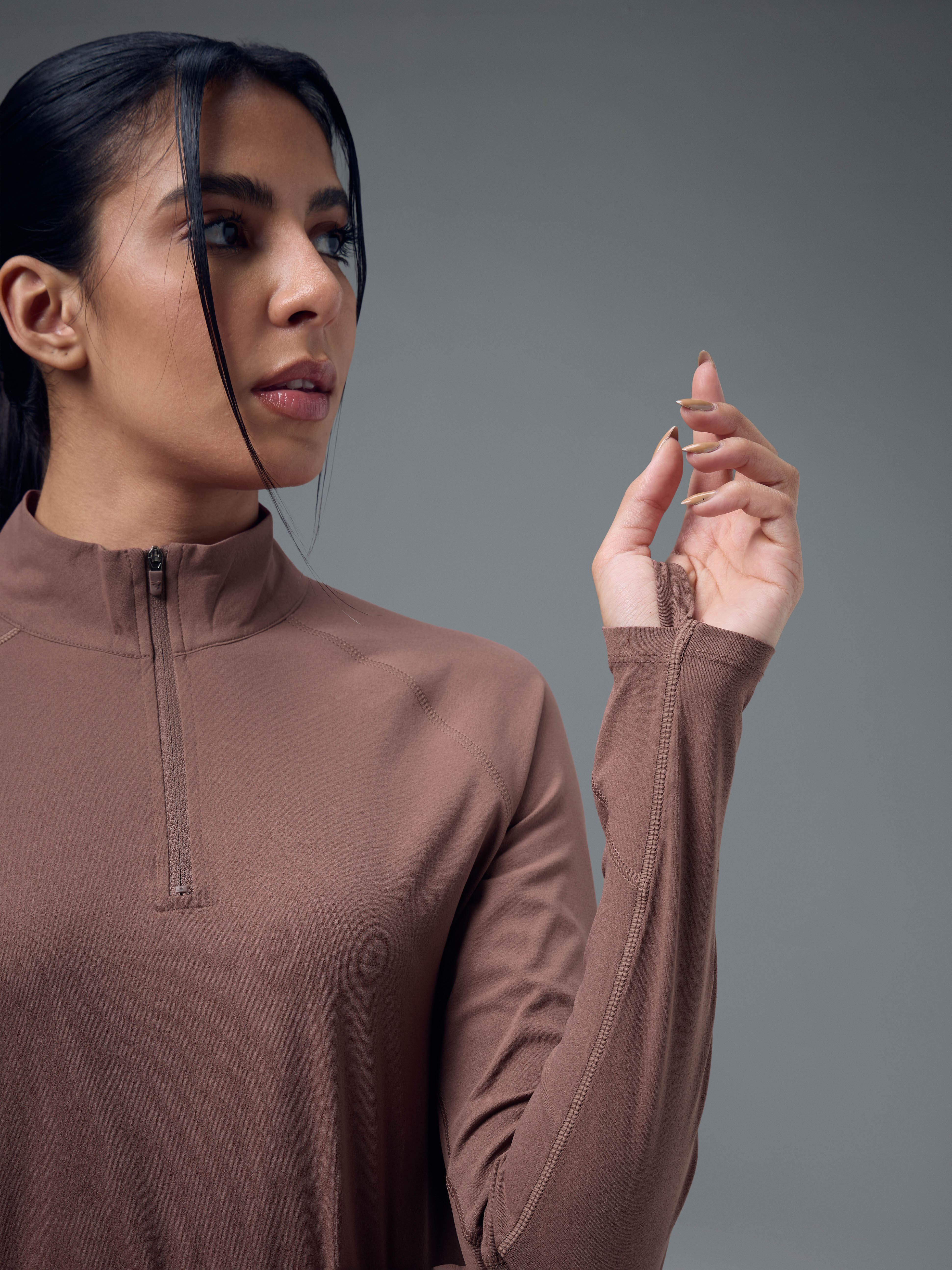 Women Slim Fit Mock Neck Thumbhole Sleeve Solid T-shirt with COTFLEX - Image 8