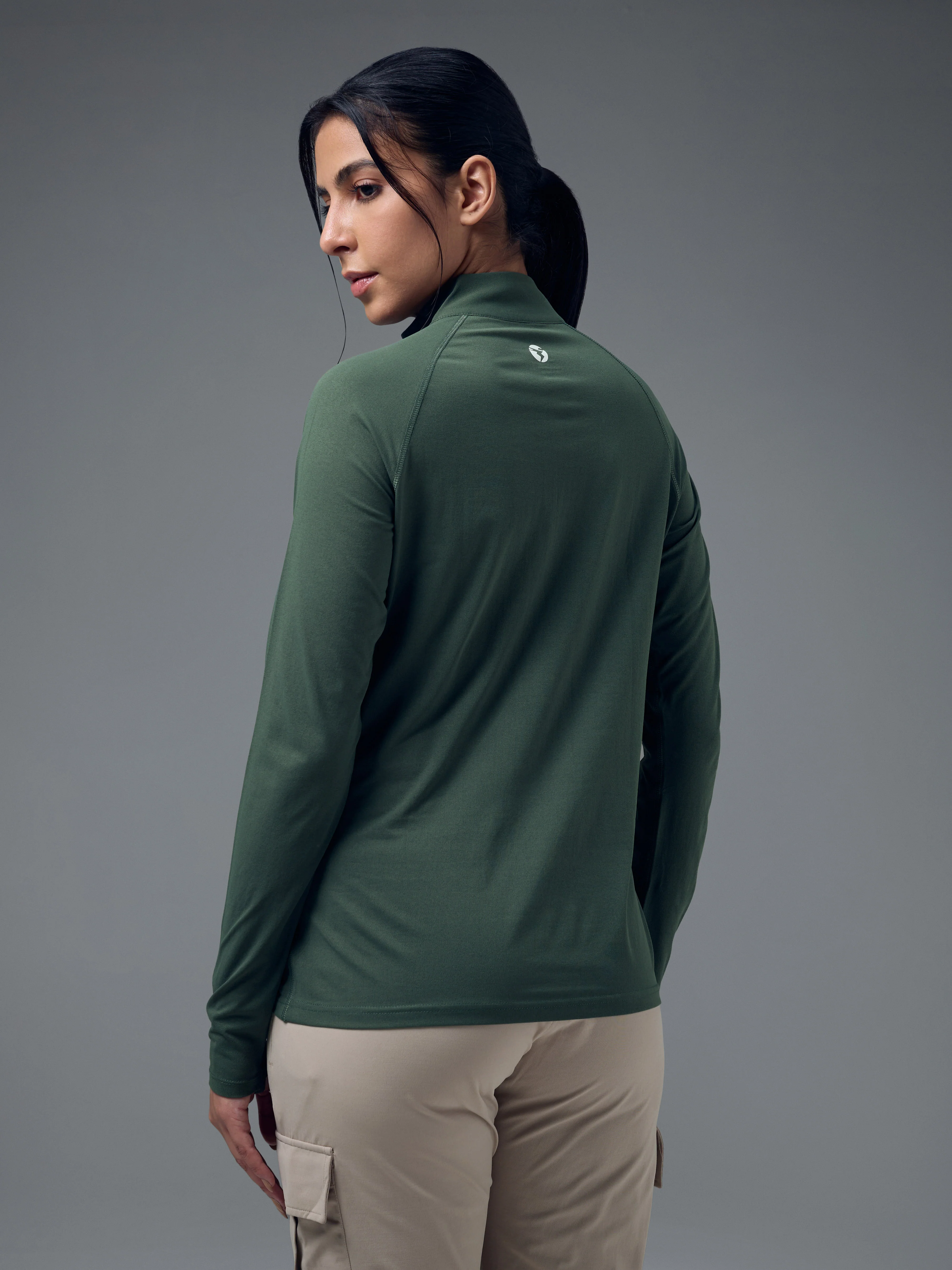 Women Slim Fit Mock Neck Thumbhole Sleeve Solid T-shirt with COTFLEX - Image 3