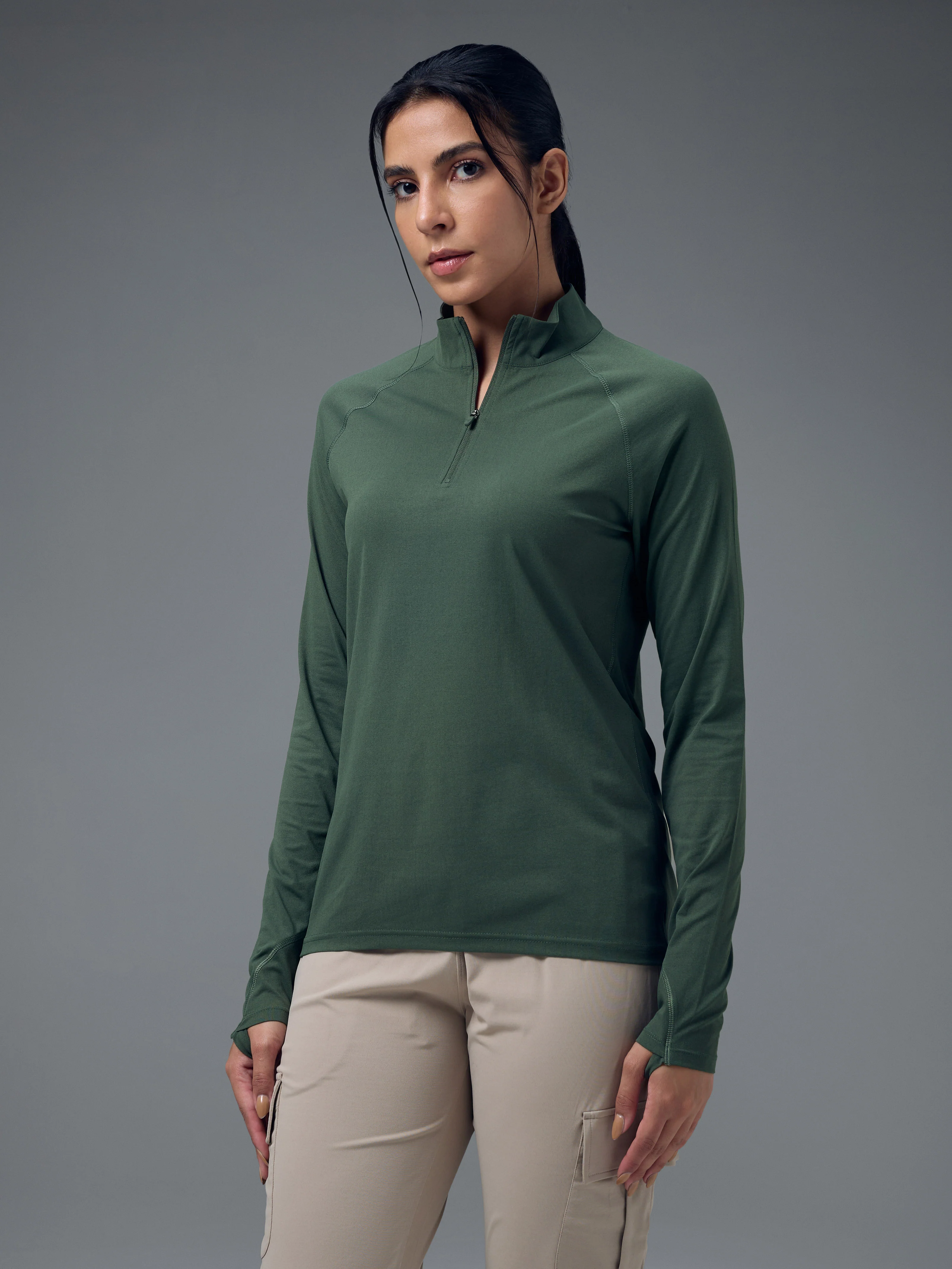 Women Slim Fit Mock Neck Thumbhole Sleeve Solid T-shirt with COTFLEX - Image 4