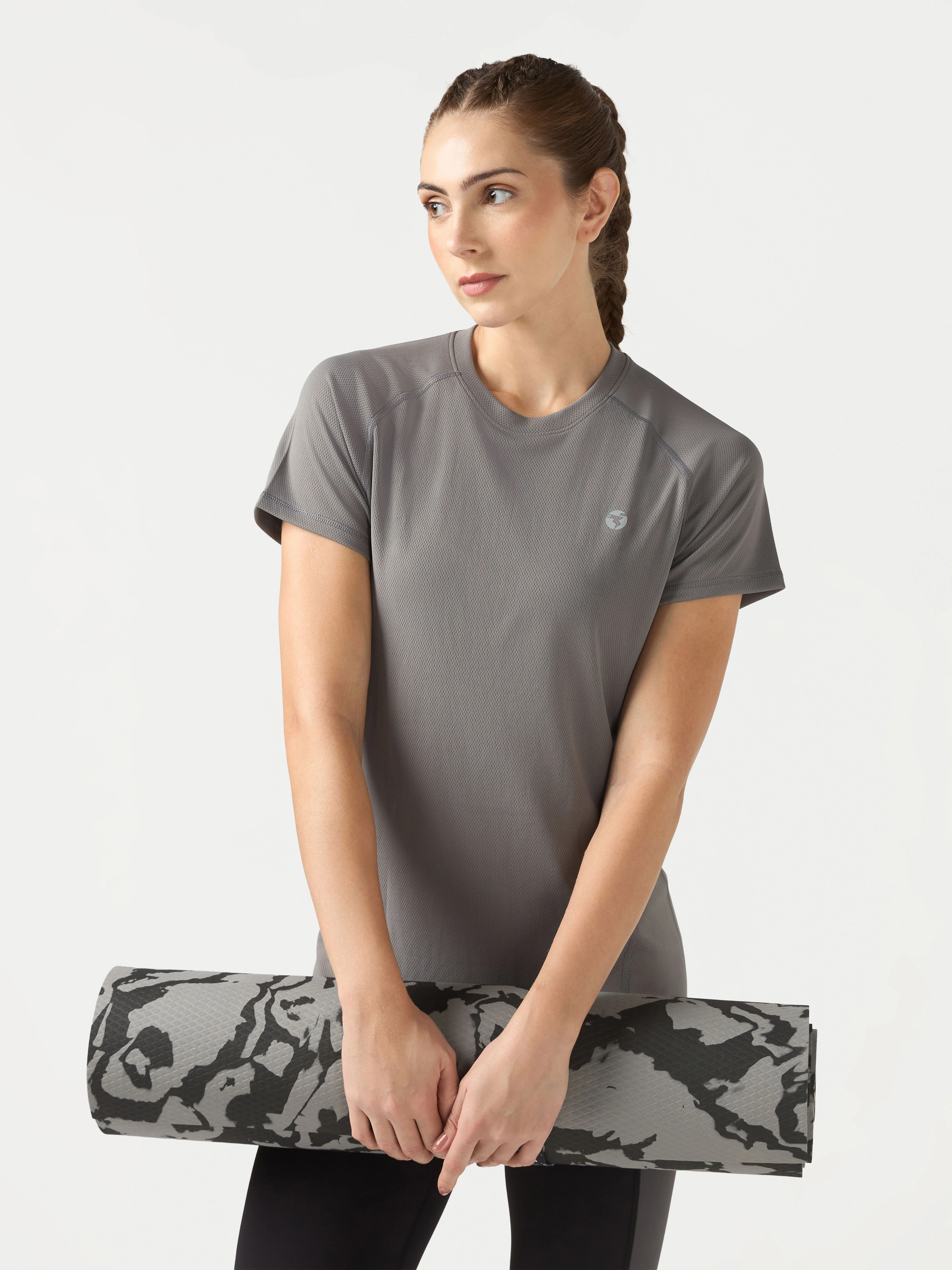 Women Solid Slim Fit Crew Neck T-shirt with TECHNO COOL