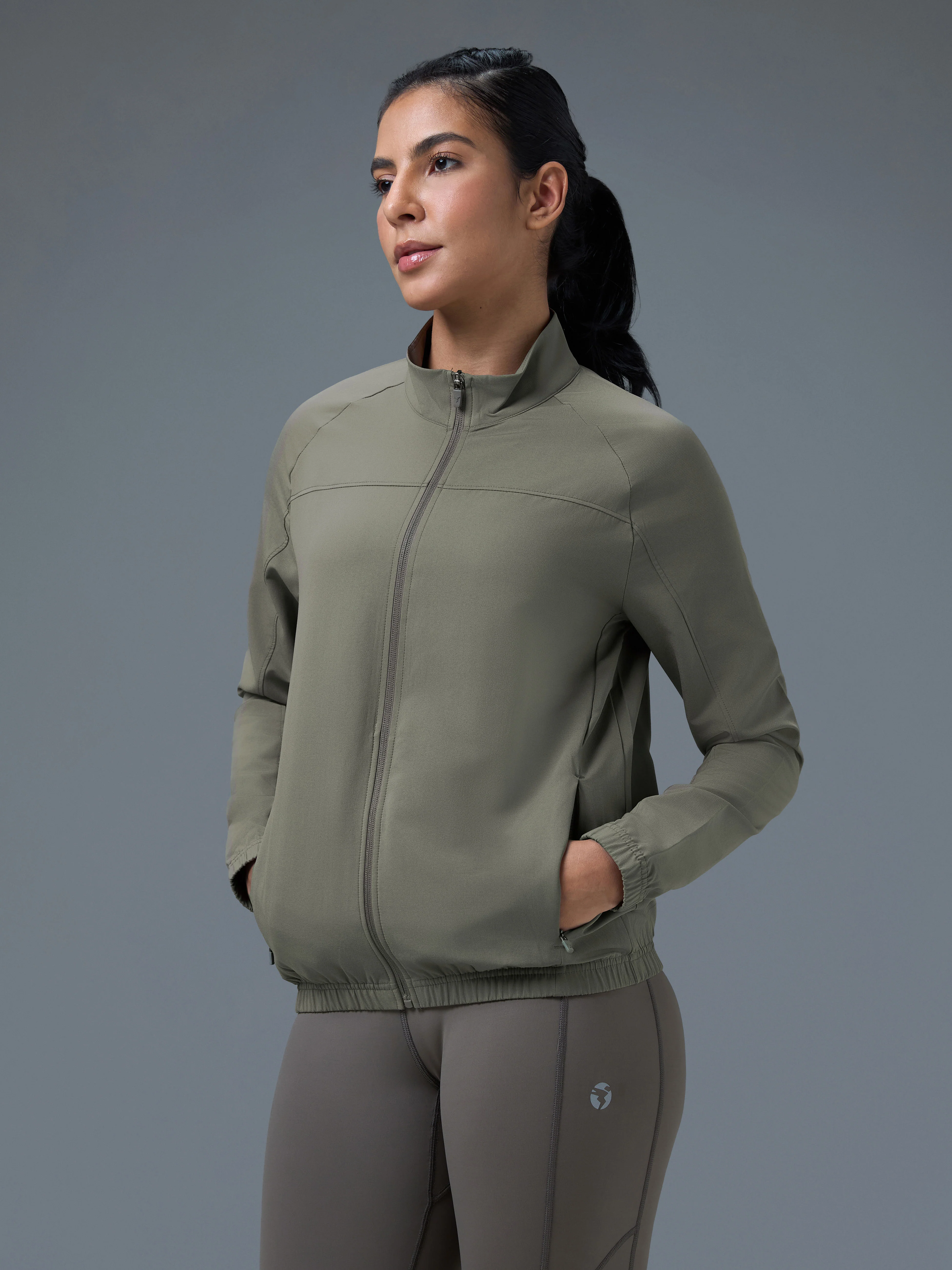 Women Solid Slim Fit Mock Neck Sports Jacket with TECHNOLITE - Image 3